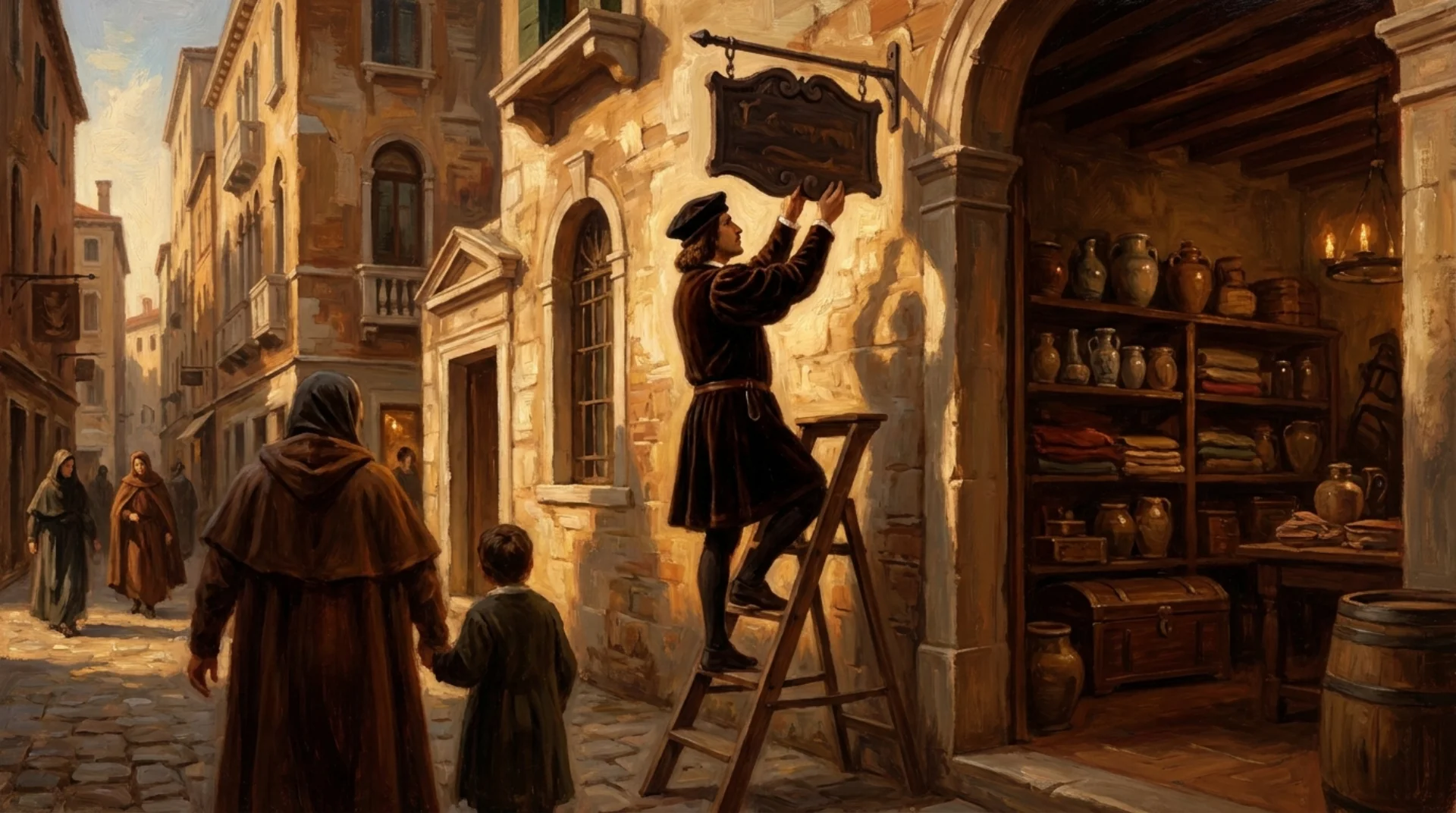 Affresco rinascimentale di un mercante che inaugura la sua nuova bottega: appende un'insegna intagliata sopra la porta mentre i primi clienti curiosi si avvicinano dalla strada, interno della bottega visibile con scaffali di mercanzia