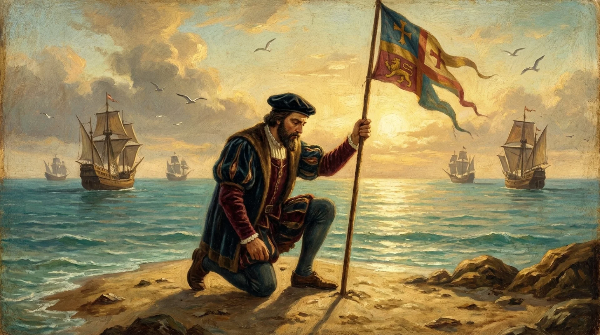 Affresco rinascimentale di un esploratore che pianta un wooden standard con stendardo colorato su una piccola isola tropicale all'alba, mare blu intorno con navi a vela in lontananza, gabbiani in volo