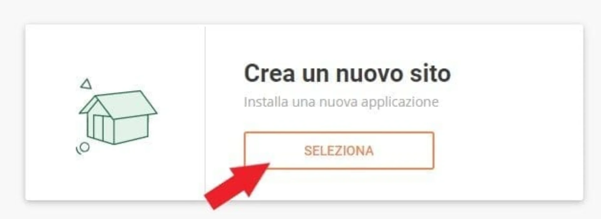 Pannello SiteGround: card "Crea un nuovo sito — Installa una nuova applicazione" con CTA "Seleziona" evidenziato per avviare l'installazione WordPress