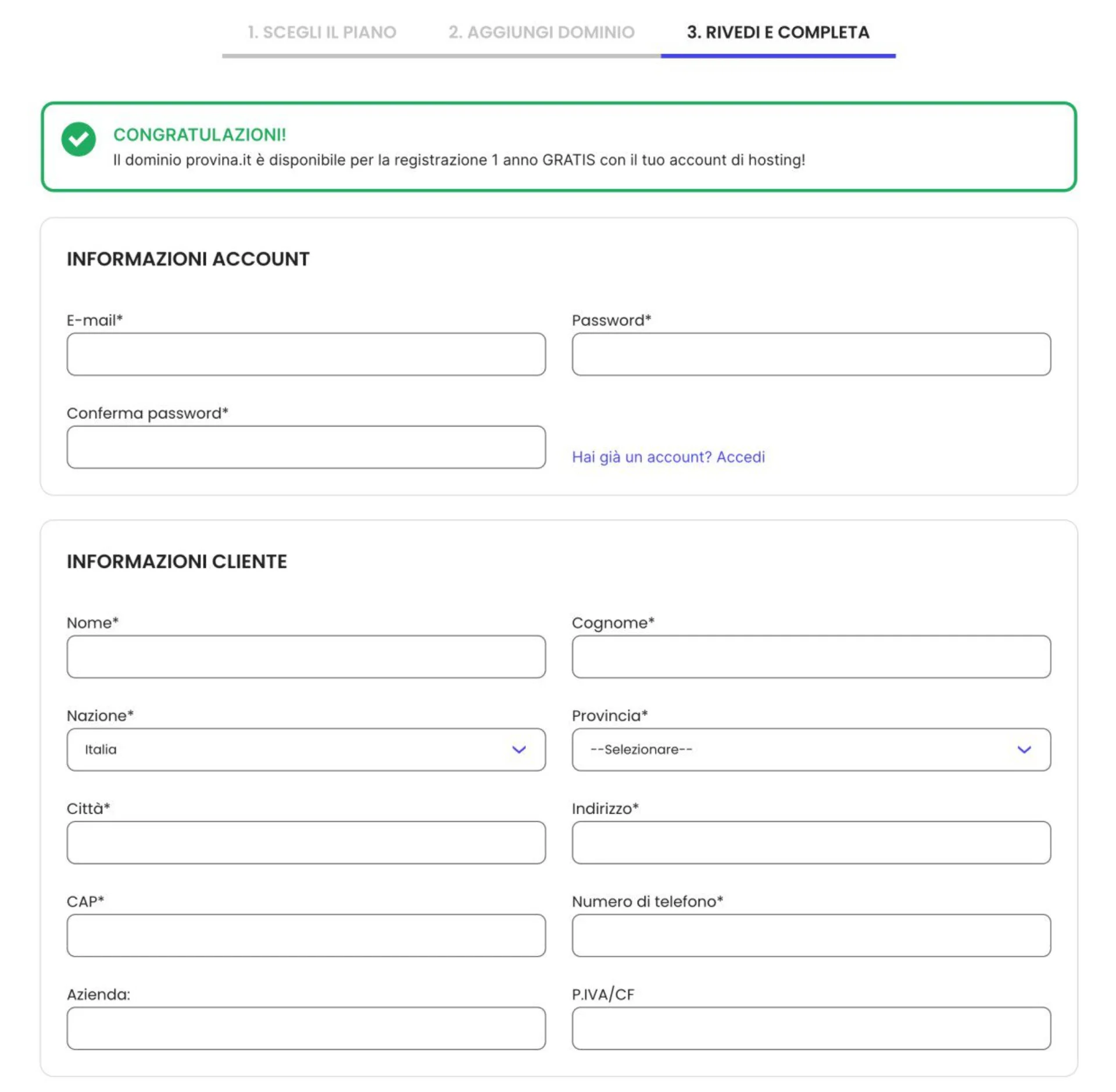 Step 3 del checkout SiteGround "Rivedi e completa" con conferma dominio gratis 1 anno, form informazioni account (email, password) e informazioni cliente (nome, cognome, nazione, città, indirizzo)