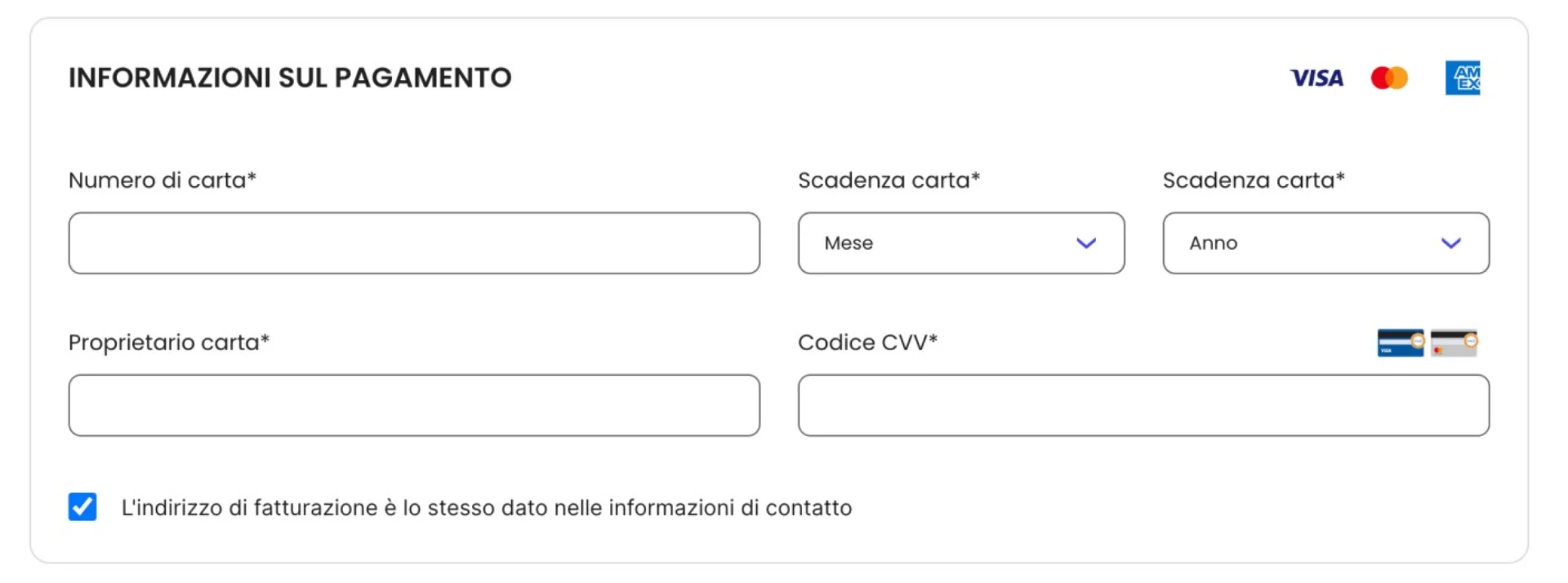 Sezione pagamento SiteGround: form numero carta, mese e anno di scadenza, proprietario carta, codice CVV con loghi Visa, Mastercard e American Express accettati
