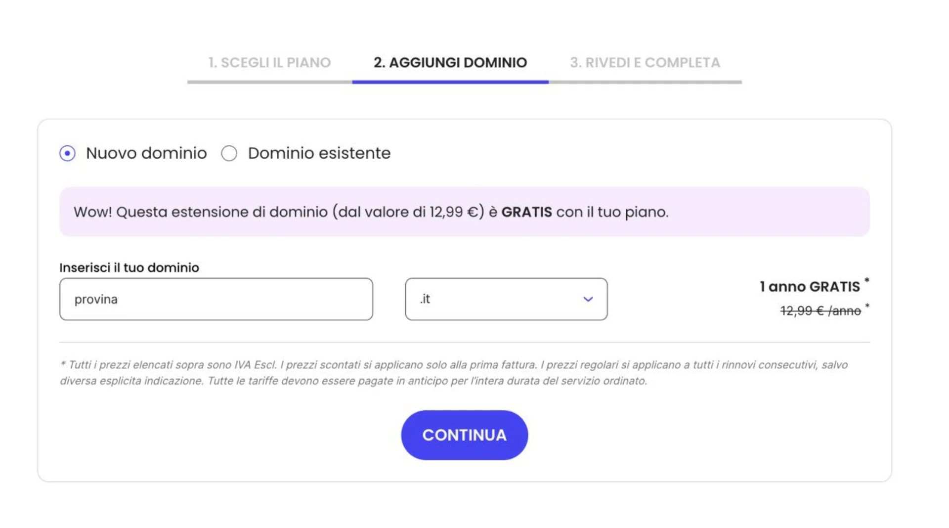 Step 2 del checkout SiteGround: campo per inserire il nuovo dominio (esempio provina.it, estensione 12,99€ resa gratis 1 anno col piano hosting)