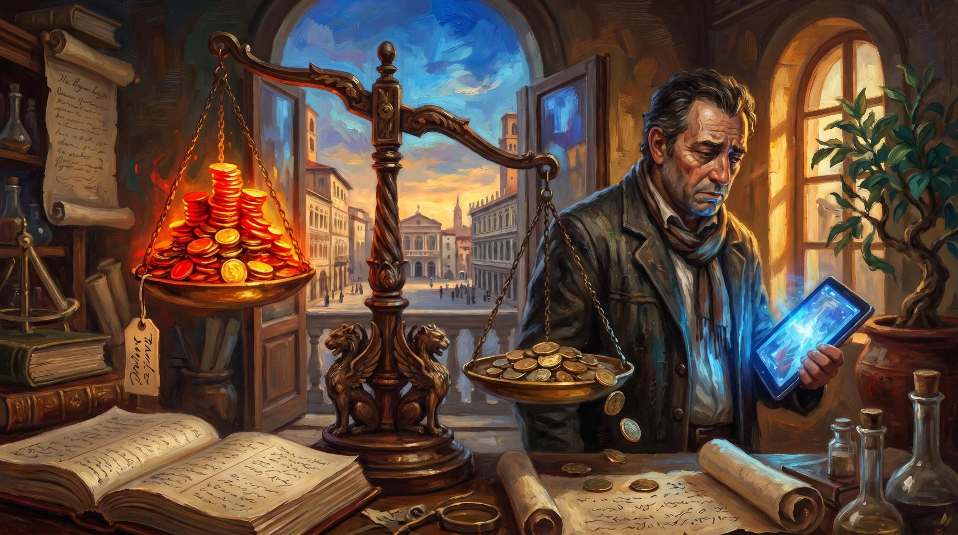 Affresco painterly — bilancia rinascimentale con monete pubblicità contro commissioni affiliate