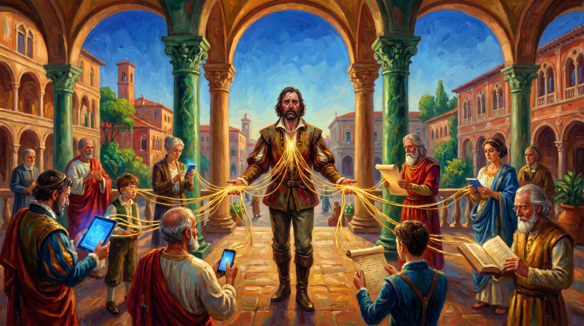 Affresco painterly — rete dorata che si dirama da una figura centrale verso multiple figure di clienti, allegoria della rete di influenza del blog