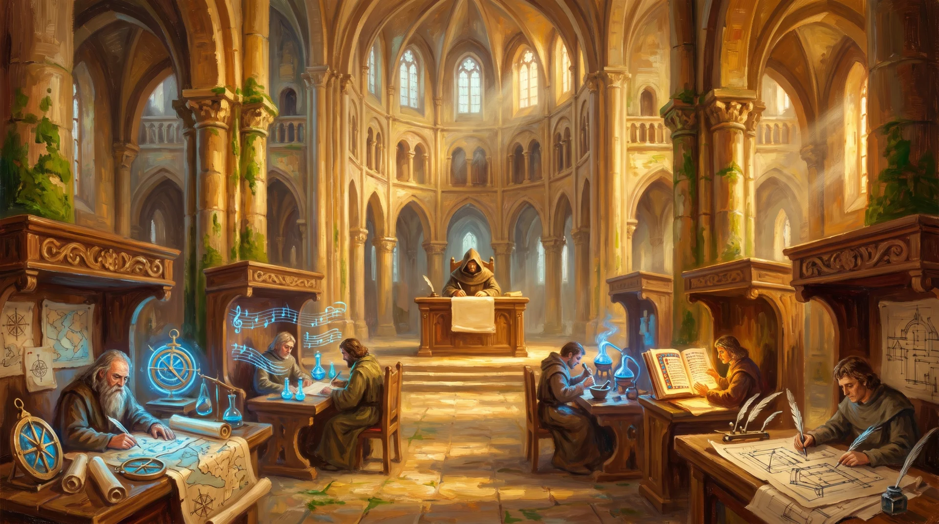 Scriptorium rinascimentale in stile pittorico: copisti e studiosi al lavoro, ognuno al proprio tavolo su un pezzo diverso, senza nessuno che li supervisiona