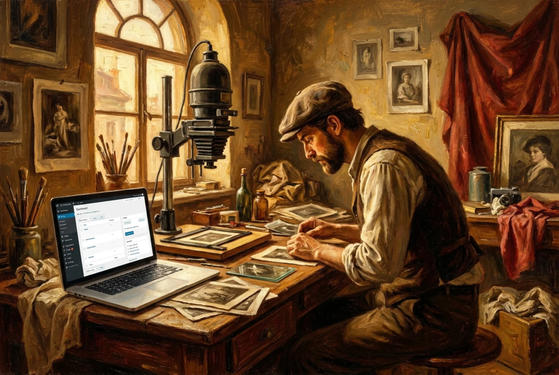 Fotografo italiano nel suo studio anni '40 con laptop WordPress aperto accanto all'ingranditore da camera oscura, luce dorata rinascimentale