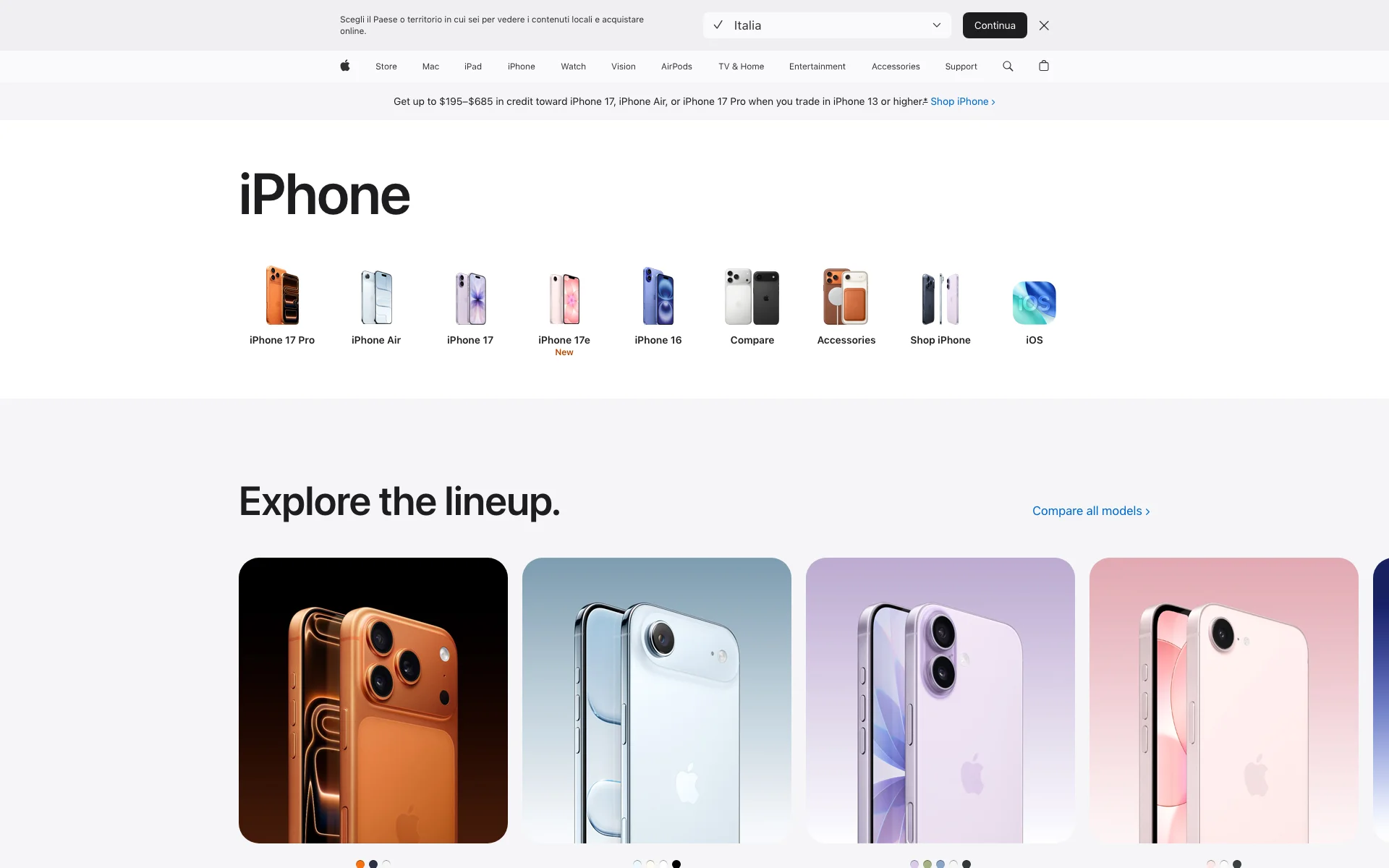 Pagina iPhone su Apple.com: lineup prodotti con CTA "Compra iPhone 17 Pro" in alto e CTA secondari sui singoli prodotti