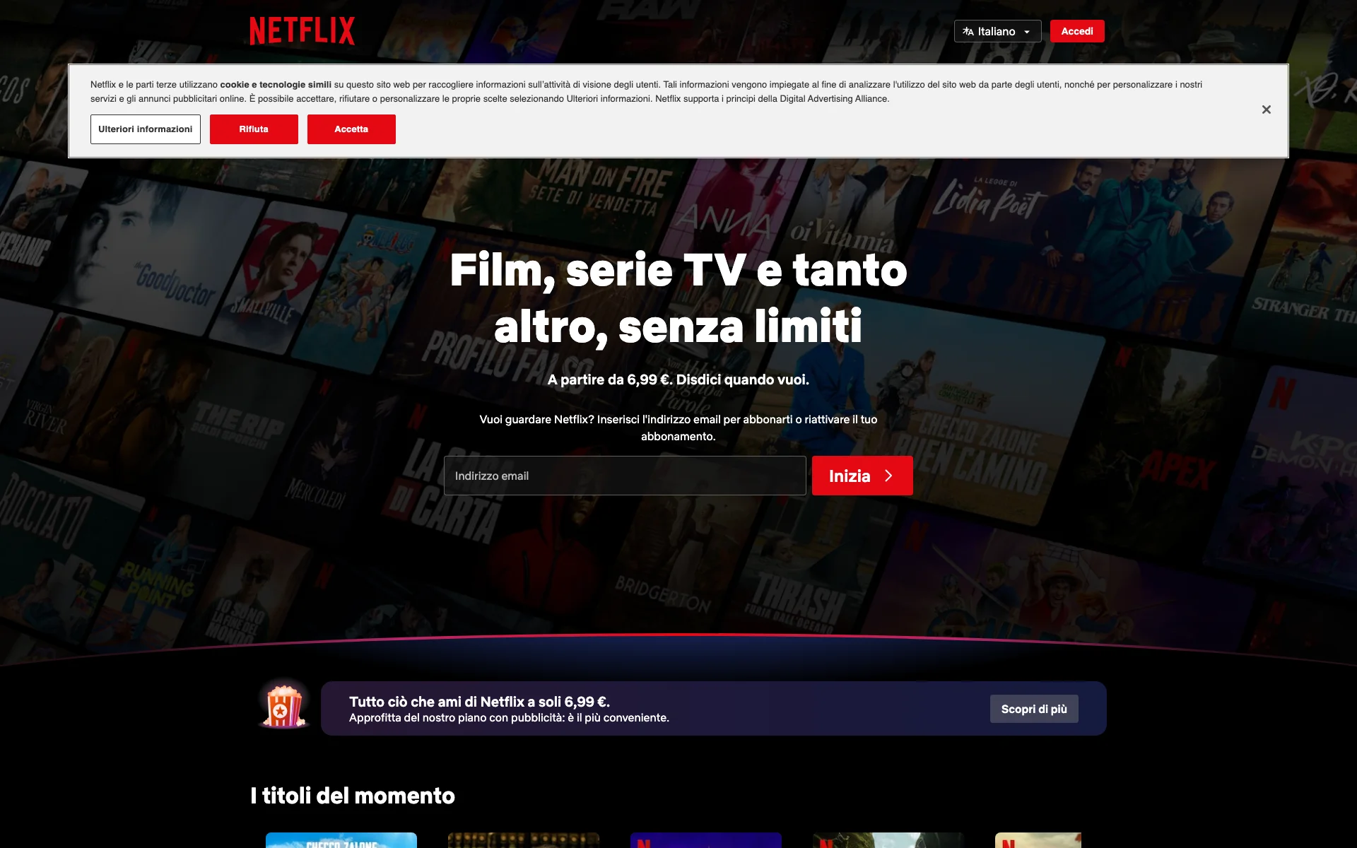 Homepage Netflix Italia: hero "Film, serie TV e tanto altro, senza limiti", form email + bottone rosso "Inizia"
