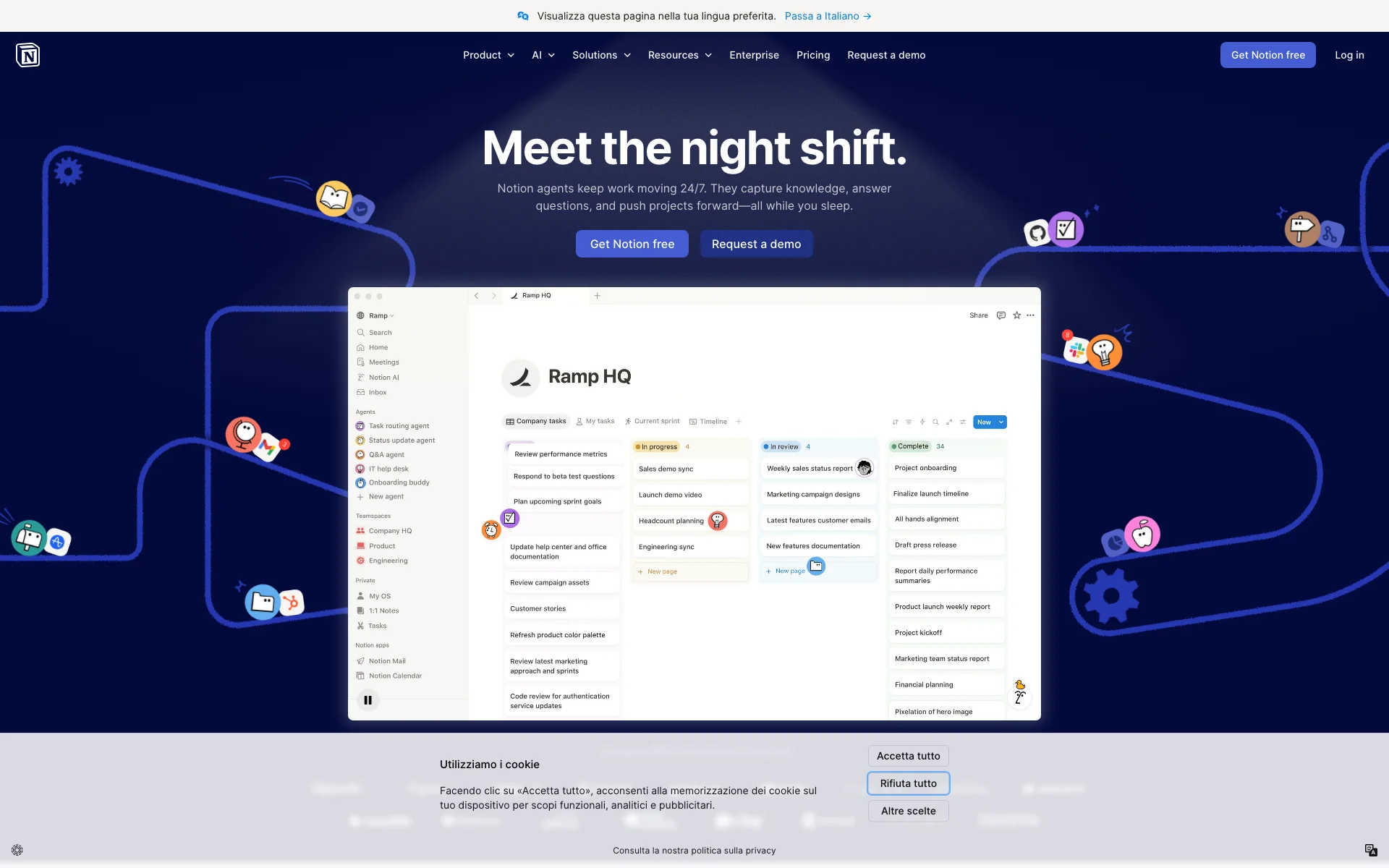 Homepage Notion: hero "Meet the night shift" con doppio CTA "Get Notion free" (primario nero) e "Request a demo" (secondario), screenshot demo dell'app a destra
