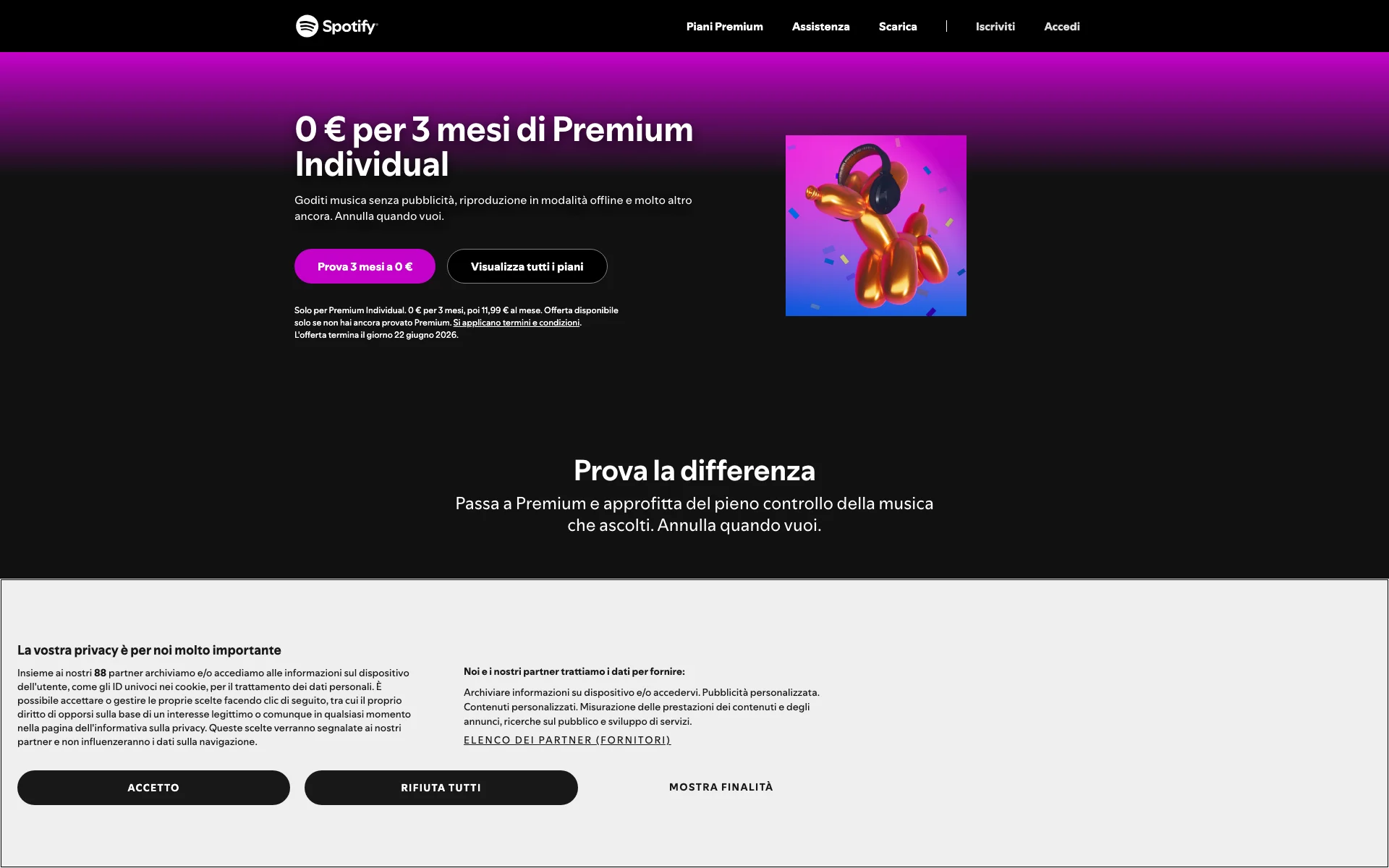 Pagina Spotify Premium: hero "0 € per 3 mesi di Premium Individual" + CTA "Prova 3 mesi a 0 €" verde, secondario "Visualizza tutti i piani"