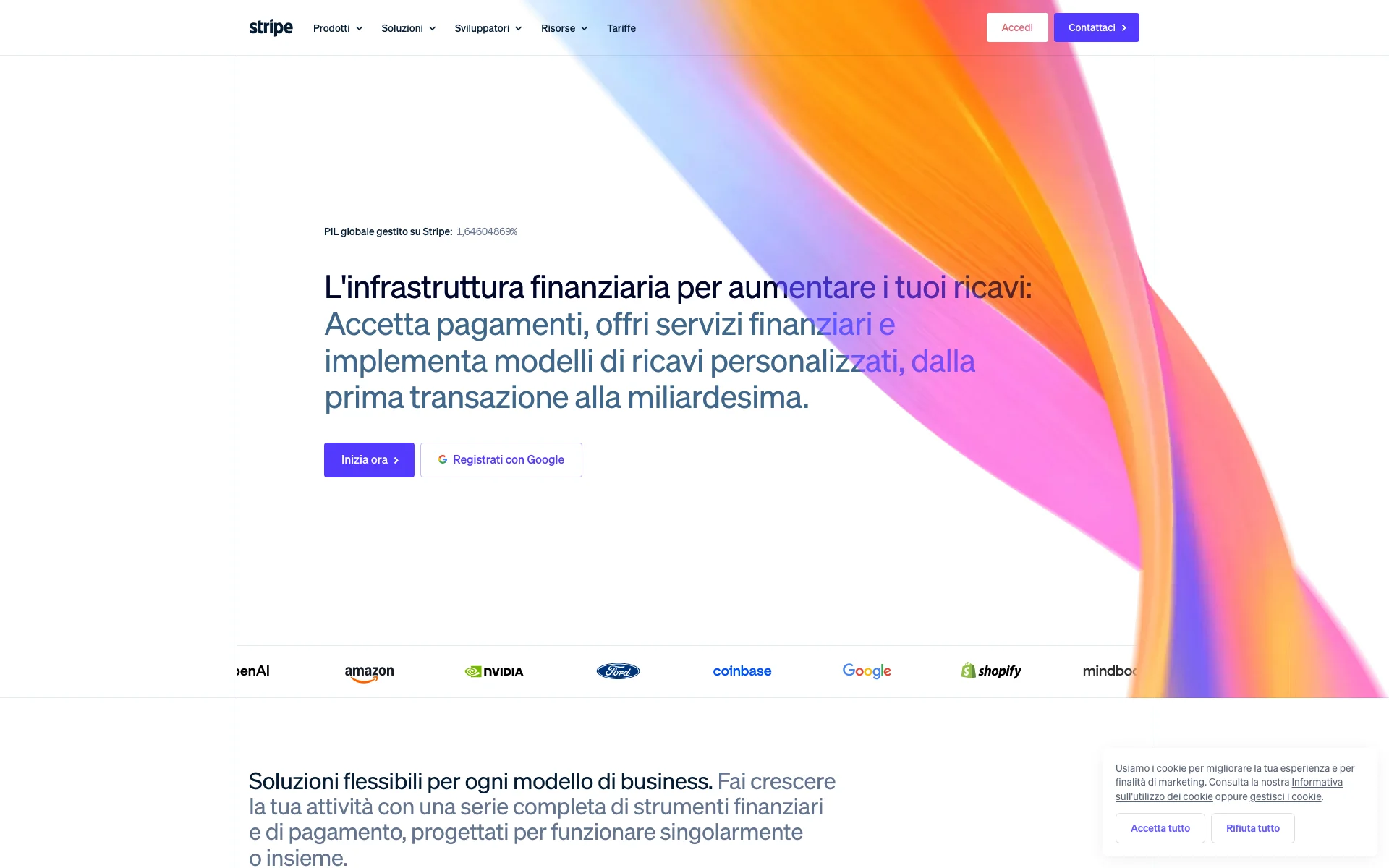Above-the-fold di Stripe.com: headline "L'infrastruttura finanziaria per aumentare i tuoi ricavi", bottoni "Inizia ora" e "Registrati con Google", logo dei clienti enterprise sotto