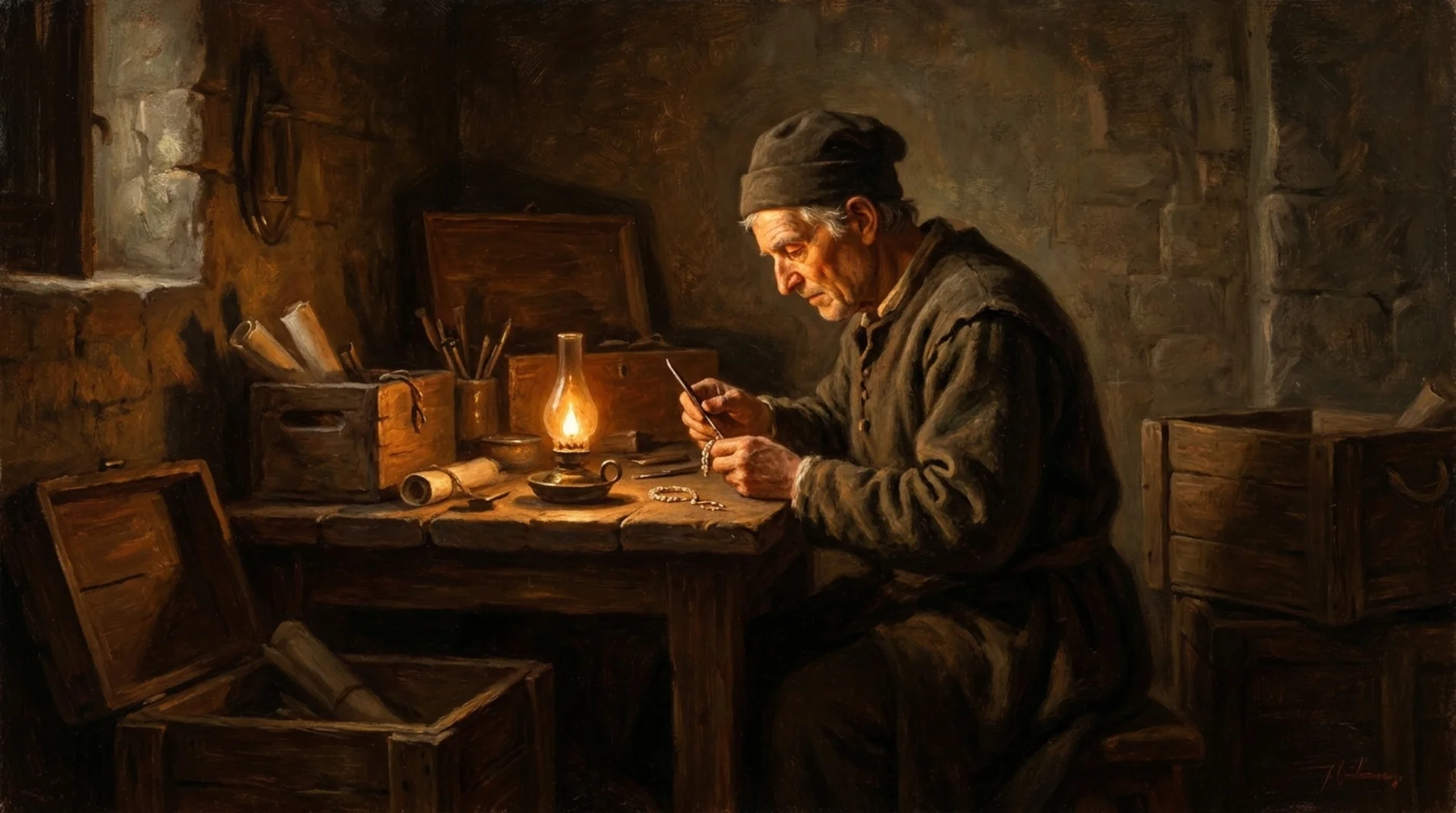 Affresco rinascimentale di un artigiano italiano che torna nella sua bottega di sera dopo il lavoro principale, accende una lampada a olio e comincia a creare un piccolo manufatto