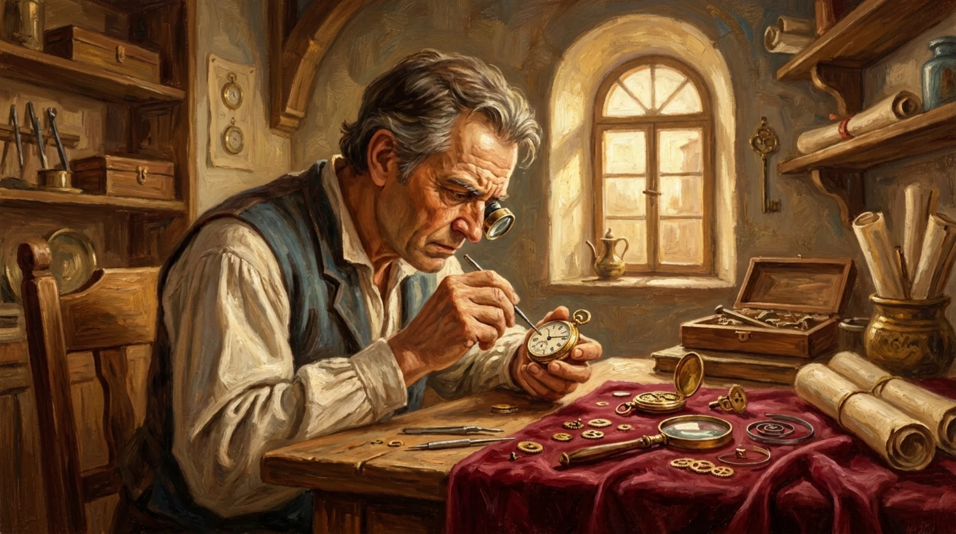 Affresco rinascimentale di un orologiaio che ripara un piccolo orologio da tasca con strumenti precisi sul banco di lavoro, lente d'ingrandimento e ingranaggi minuti su un panno di velluto