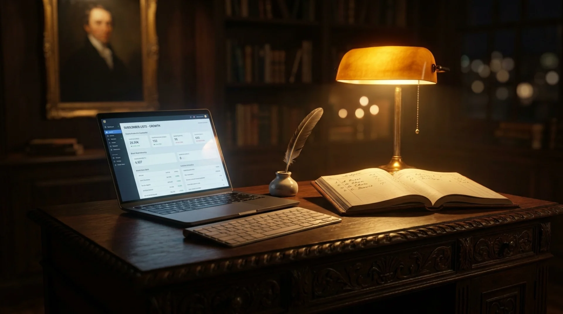 Affresco rinascimentale di uno studio creator notturno con scrivania, laptop e luce calda da lampada