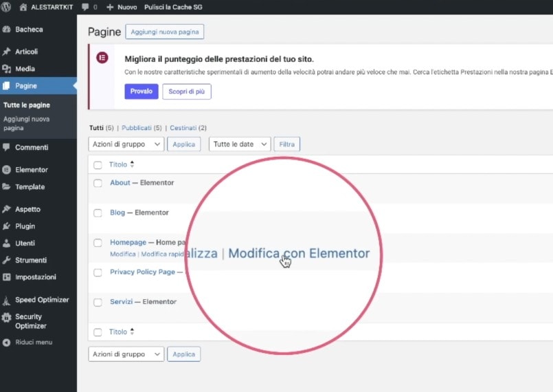 Pagine: modifica con Elementor