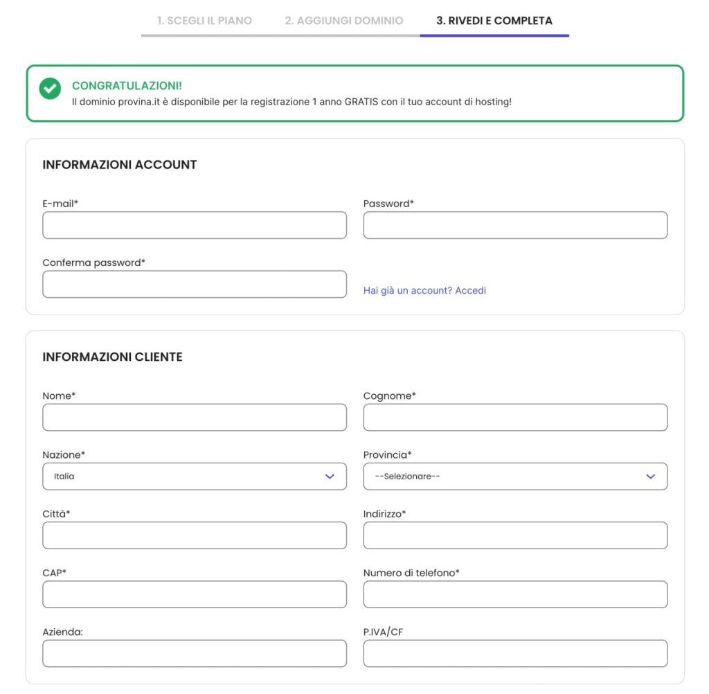 Acquisto hosting: compilazione dati