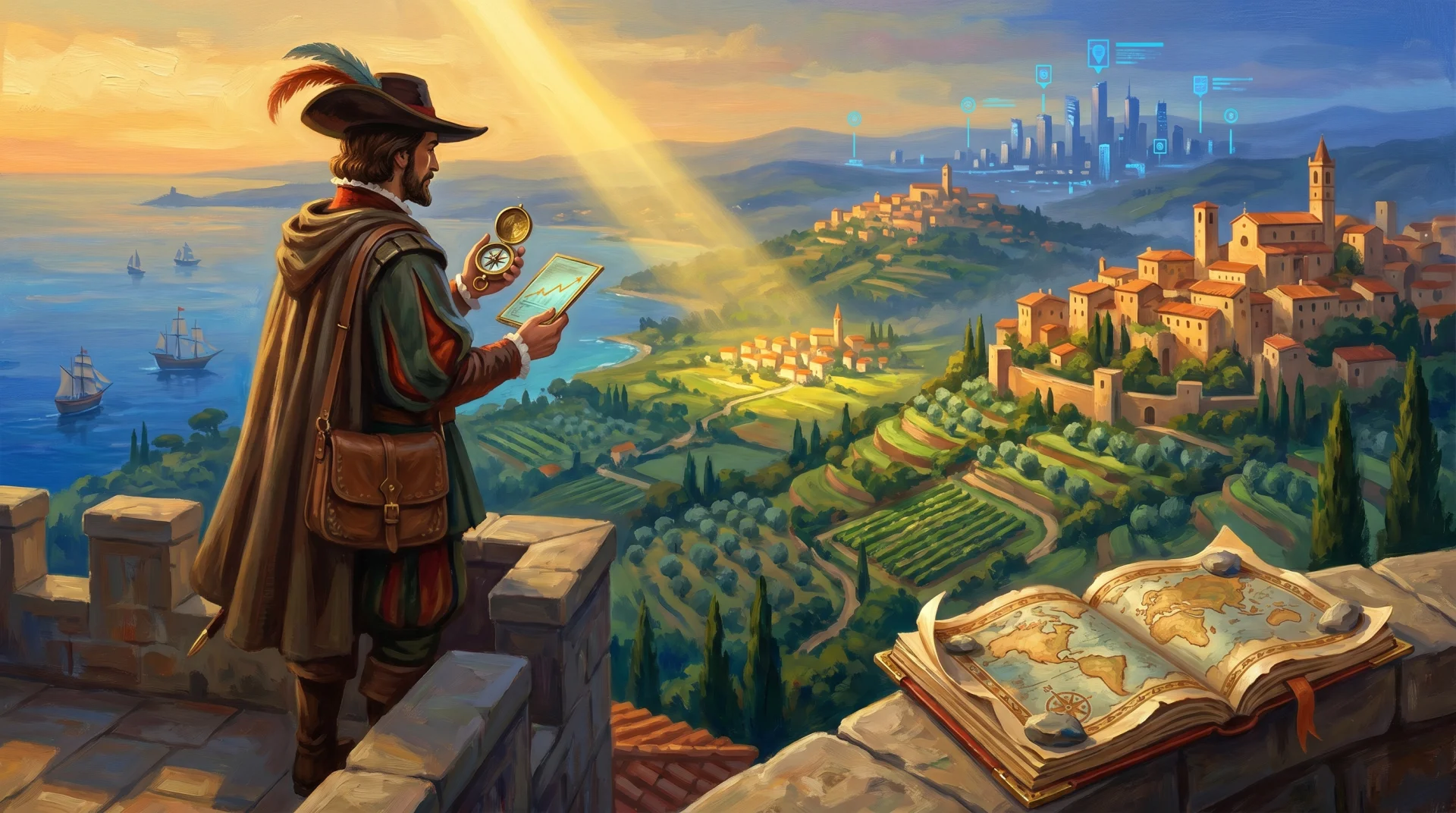 Affresco painterly — esploratore con bussola e tablet sulla cima di una torre, individua la sua nicchia illuminata da un raggio dorato in mezzo al paesaggio italiano