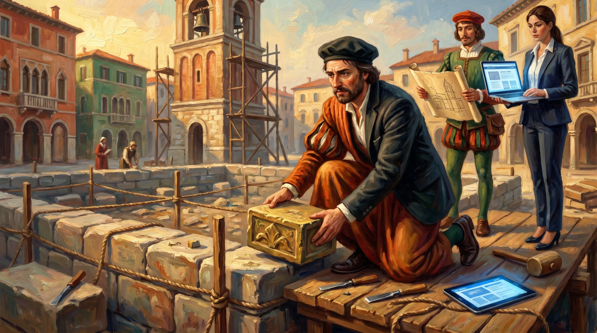 Affresco painterly — mercante rinascimentale che posa la prima pietra dorata della fondazione di una torre, accanto laptop con bozza di sito web