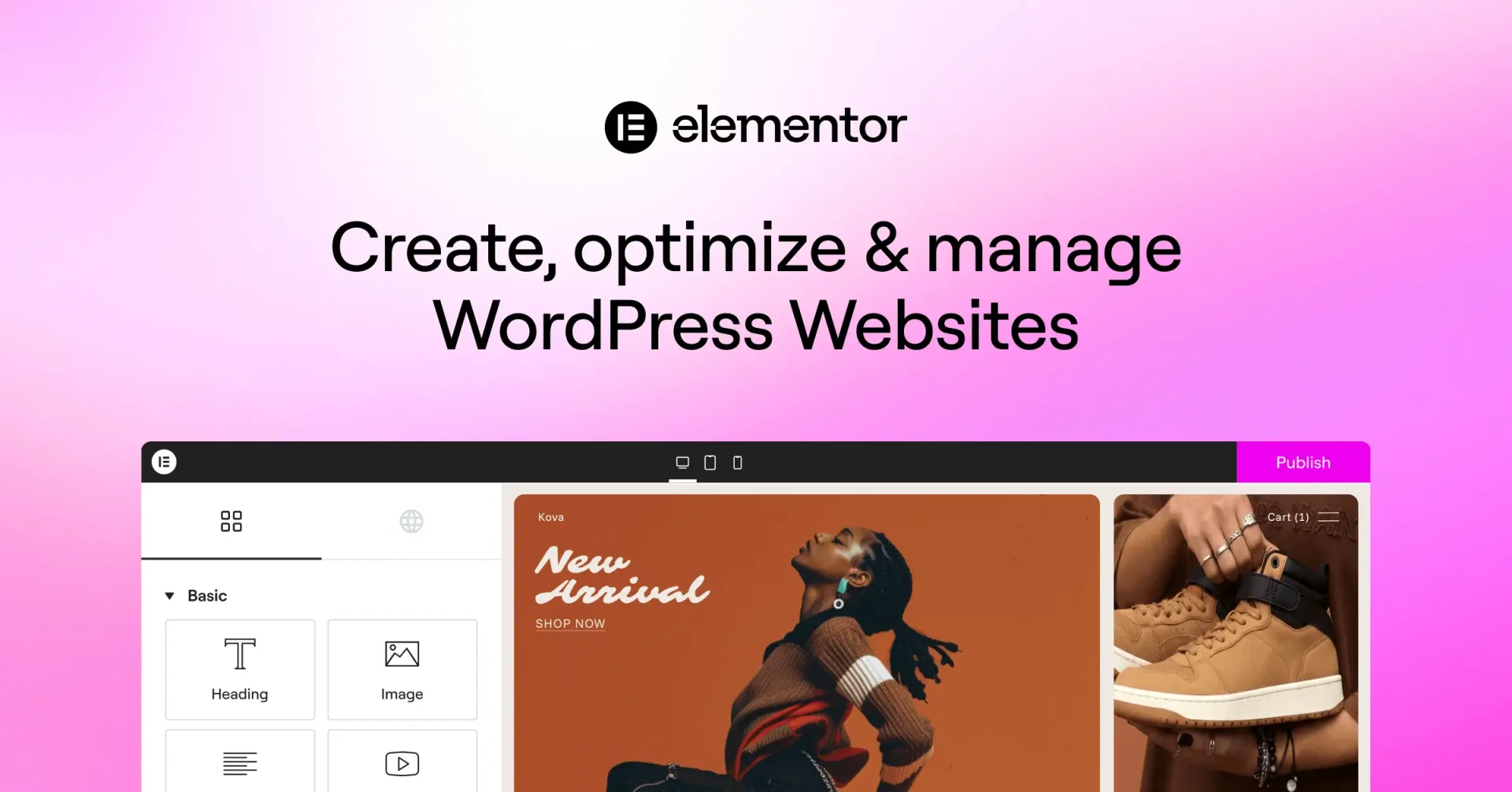 Screenshot interfaccia Elementor builder 2026 — editor visuale drag-and-drop per WordPress