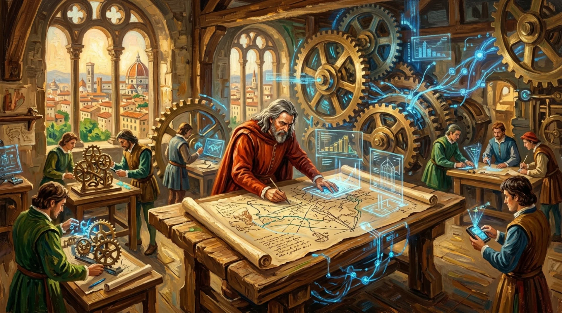 Affresco rinascimentale di un cartografo fiorentino che traccia mappe-sistema luminose in un atelier con ingranaggi e flussi di dati