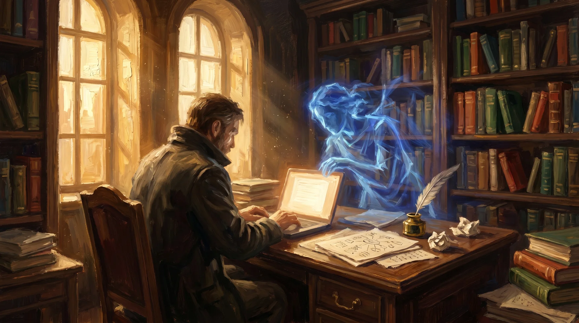 Affresco rinascimentale di scrittore in scriptorium veneziano con presenza luminosa AI eterea a fianco che osserva lo schermo del laptop