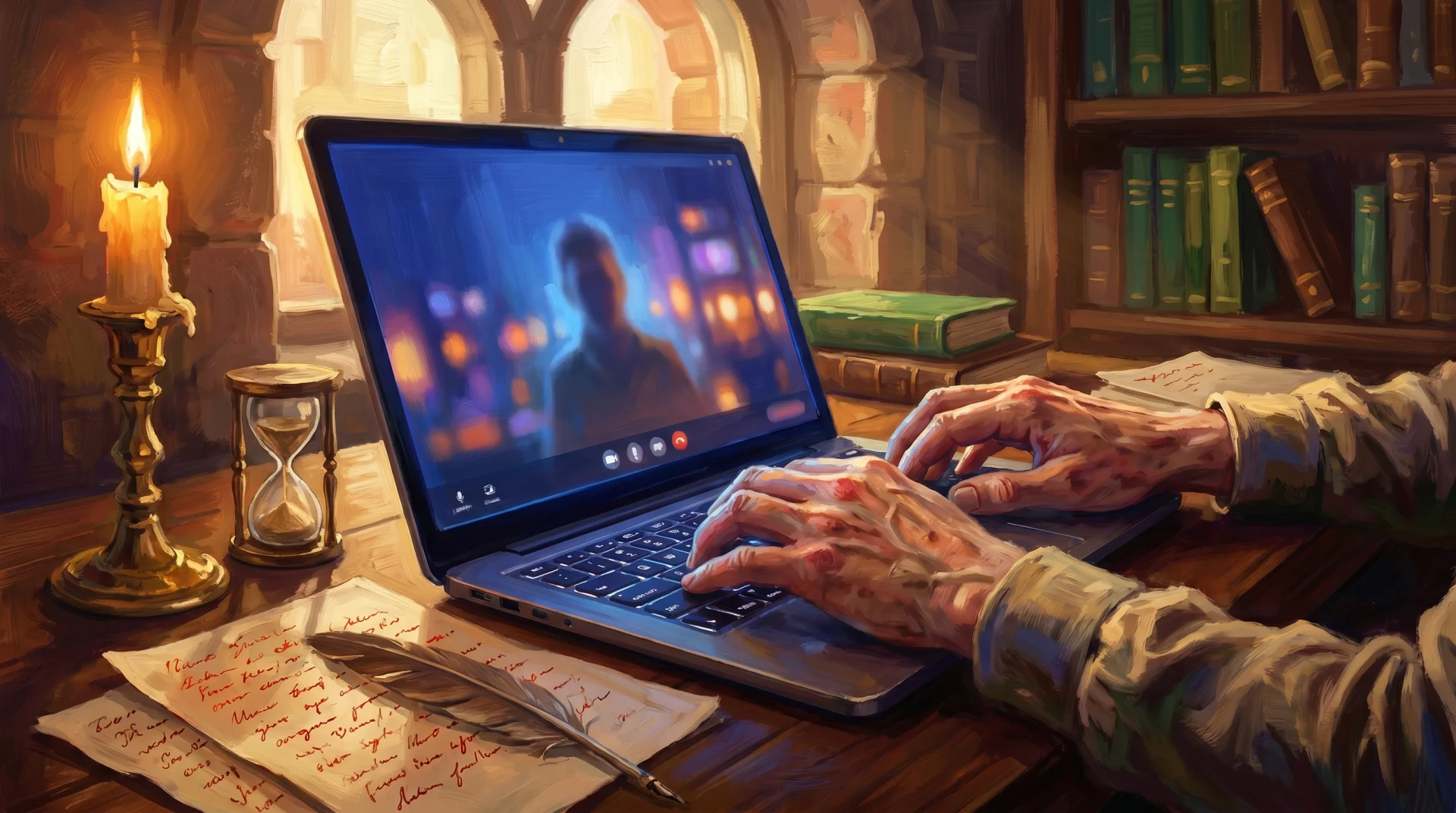 Affresco rinascimentale di mani su tastiera moderna con schermo videocall in uno studio veneziano al tramonto