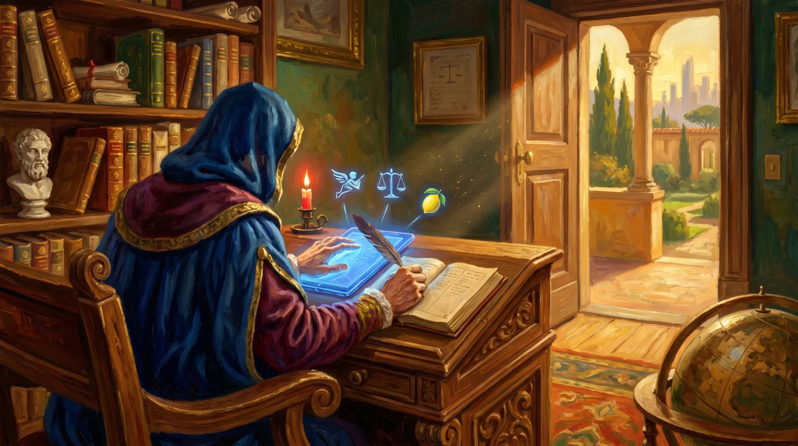 Studiolo rinascimentale italiano al golden hour: uno scriba di spalle in toga blu cobalto al tavolo con tablet olografico e libreria di manoscritti, loggia aperta su giardino toscano con skyline futurista lontano