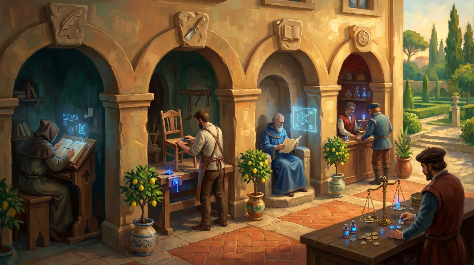 Loggia rinascimentale italiana al golden hour con quattro botteghe affiancate sotto archi: scriba, artigiano, filosofo, mercante. Ogni bottega ha un piccolo elemento tech in cobalto luminoso integrato nel lavoro tradizionale
