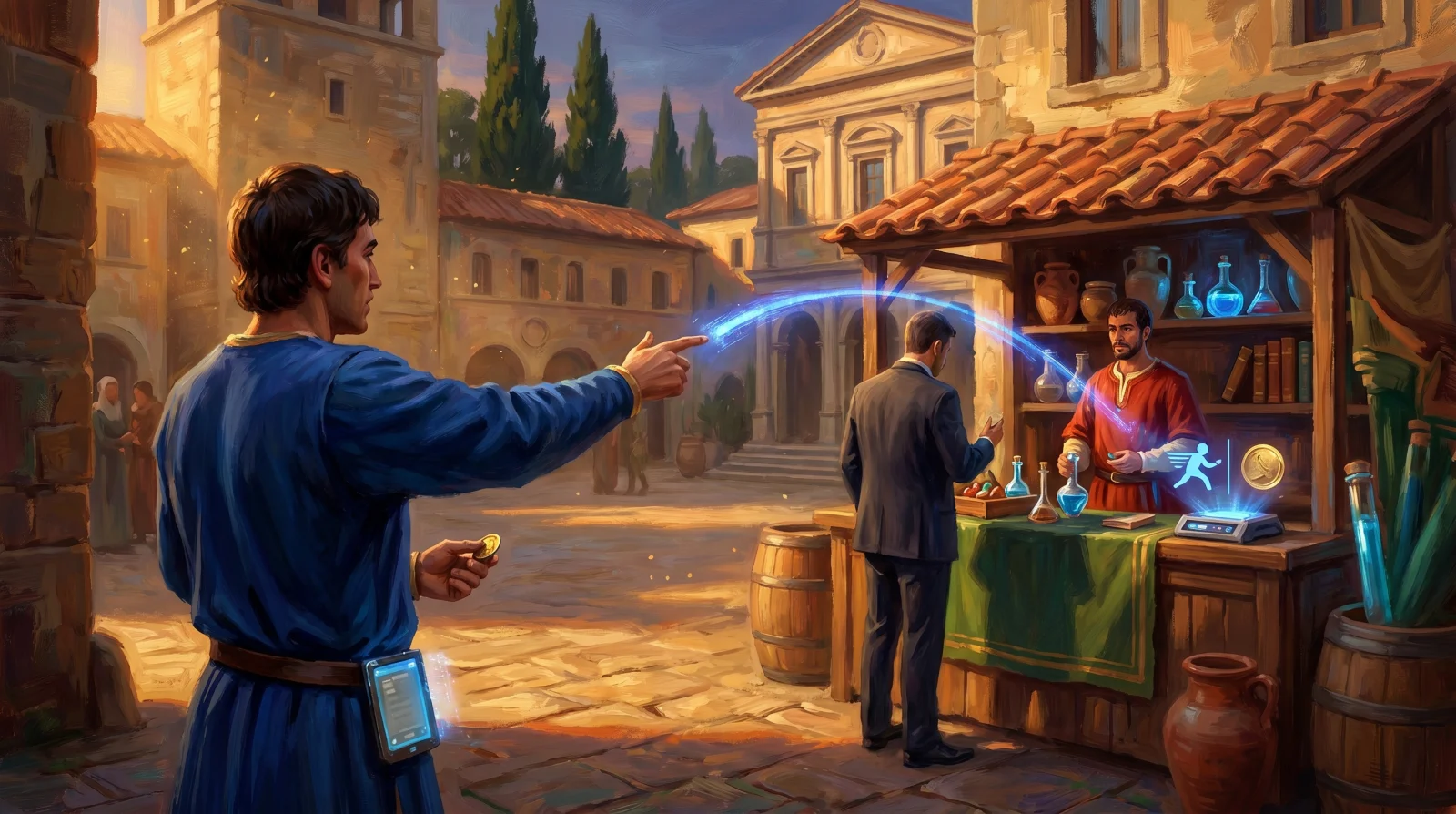 Piazza toscana al golden hour: uno scriba in tunica blu indica con la mano un mercante al banco, dove un cliente moderno sta esaminando i prodotti. Un filo olografico cobalto connette lo scriba al cliente, rappresentando il flusso della commissione