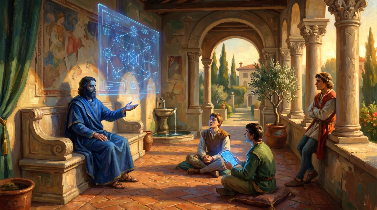Loggia rinascimentale al golden hour: un filosofo in toga blu cobalto seduto su panca di pietra insegna a tre giovani discepoli, sopra la sua mano fluttua un complesso diagramma olografico cobalto con concetti interconnessi