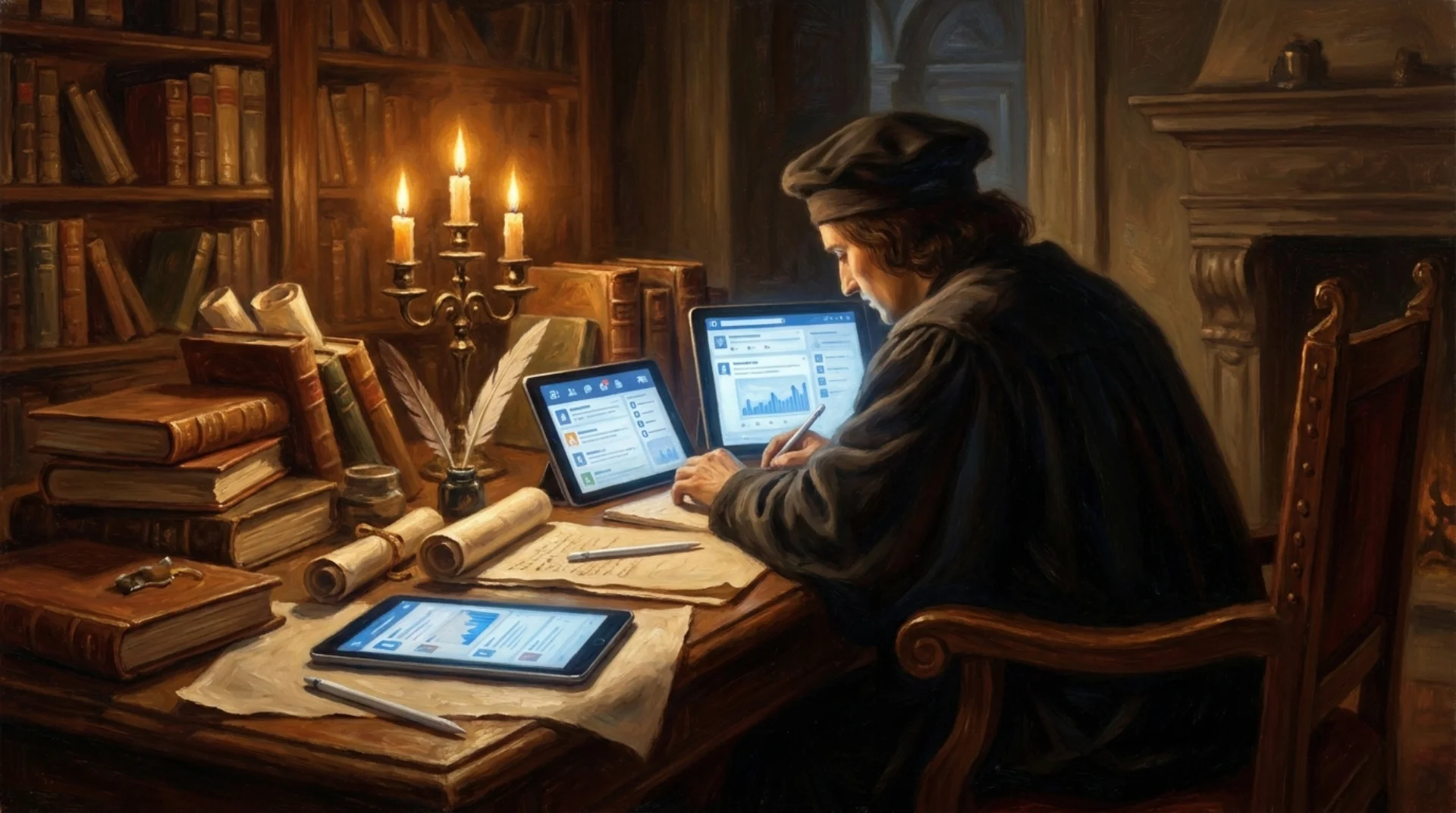 Affresco rinascimentale di un creator italiano al lavoro con pergamene e schermo analytics