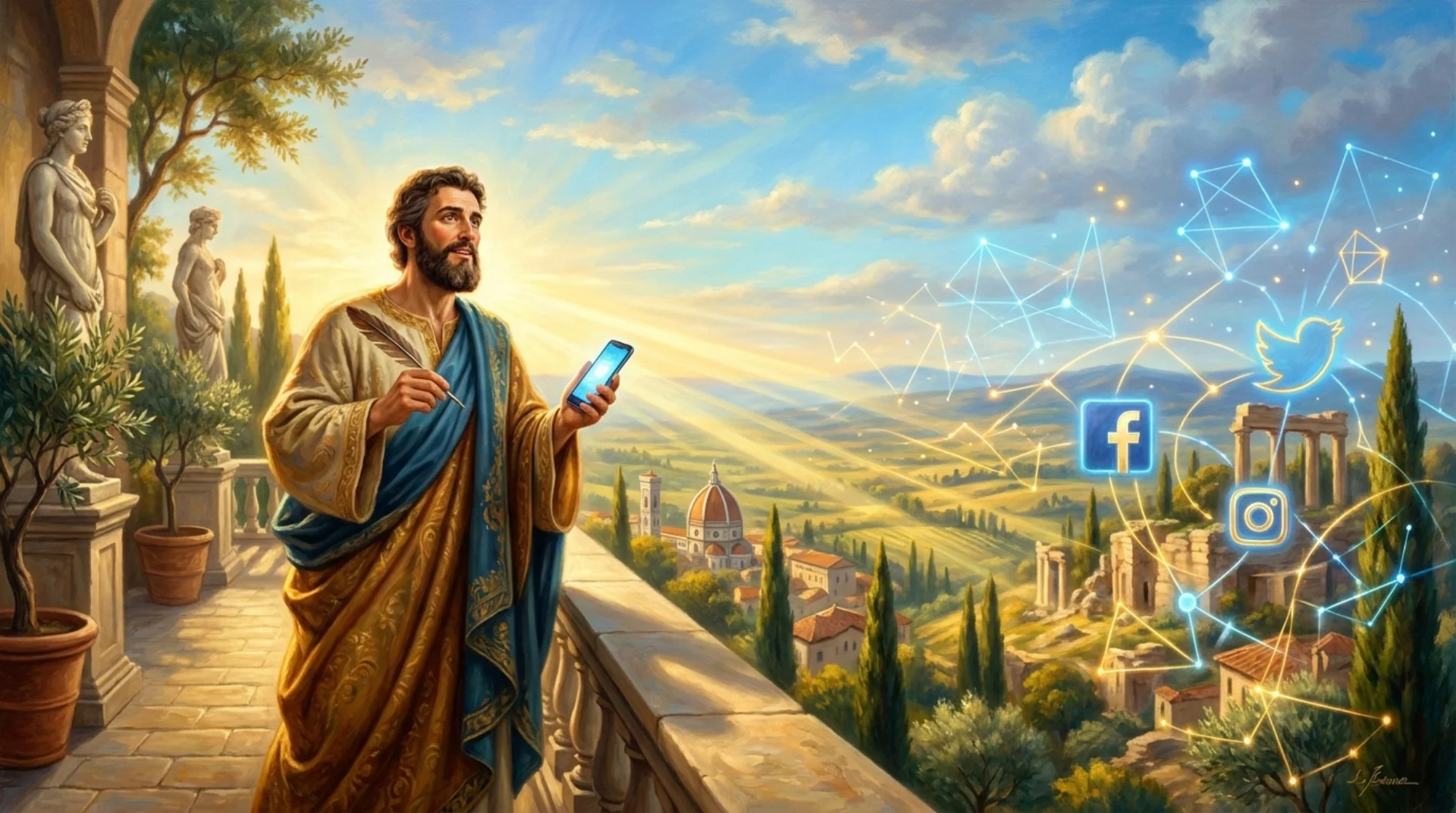 Affresco rinascimentale ottimistico di un creator su una terrazza italiana che guarda un orizzonte luminoso con costellazioni digitali