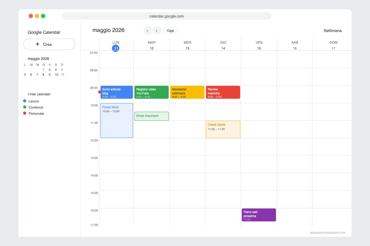 Mockup Google Calendar con attività pianificate