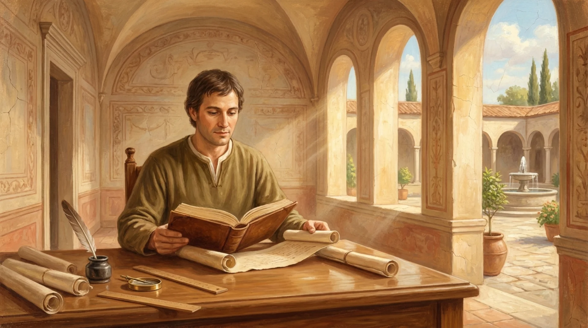 Affresco rinascimentale painterly: artigiano italiano in tunica verde alla scrivania di una loggia luminosa, legge un libro aperto e consulta pergamene tra strumenti del mestiere, con cortile rinascimentale, fontana e cipressi sullo sfondo