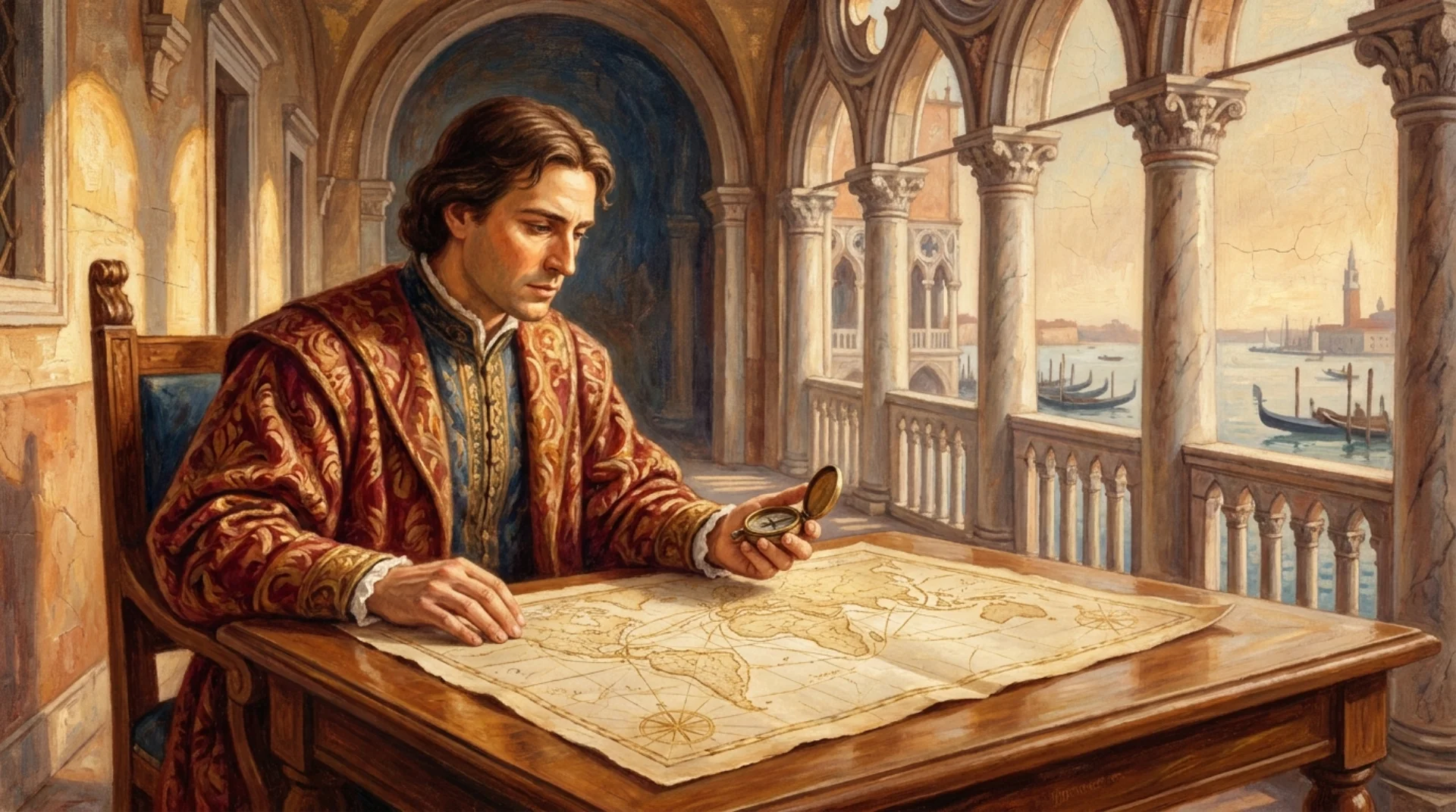 Affresco rinascimentale painterly: mercante veneziano in brocade rosso al tavolo di una loggia che studia una mappa antica di rotte commerciali con linee dorate, vista sulla laguna con gondole e architettura veneziana