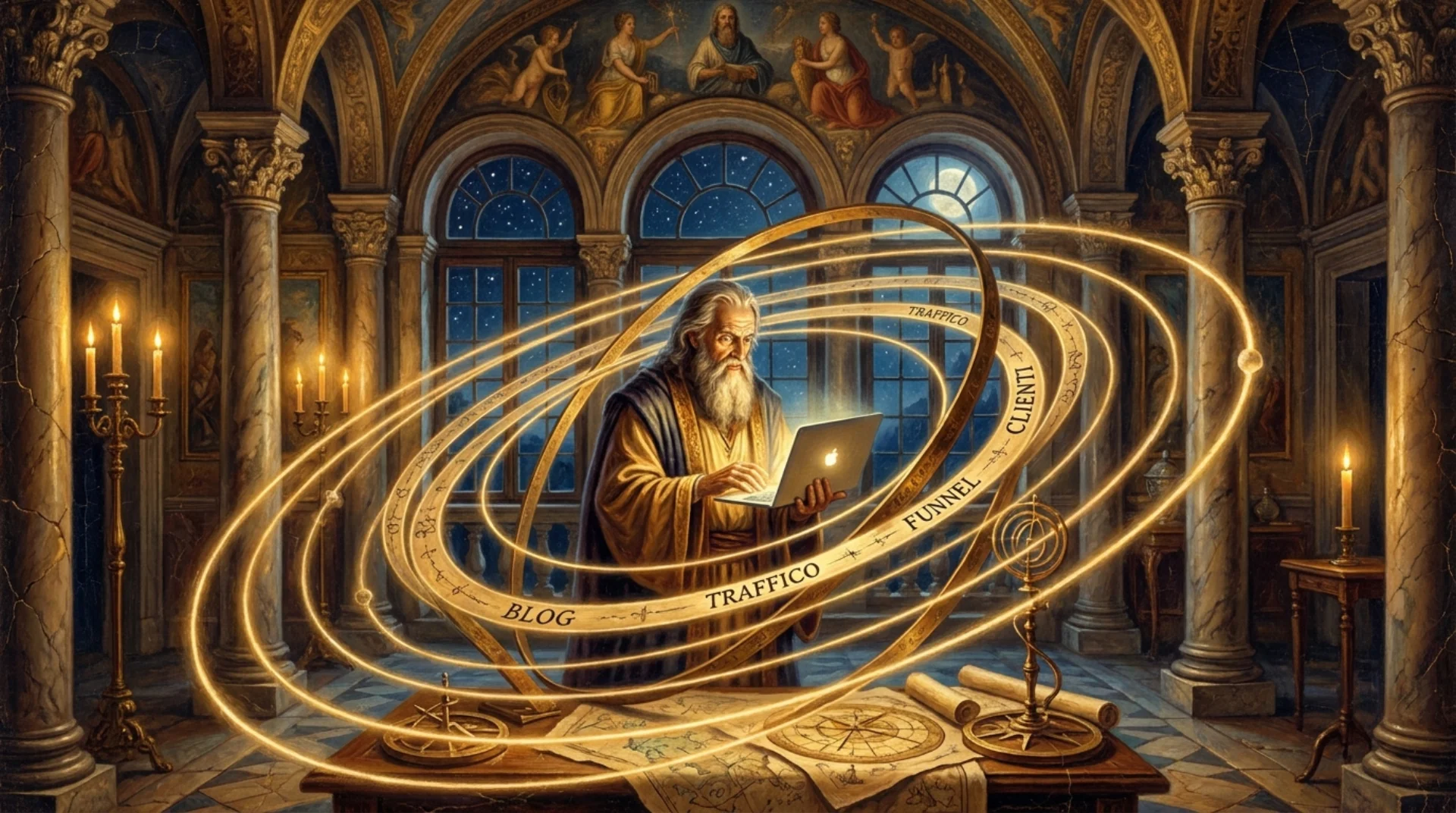 Affresco rinascimentale: astronomo veneziano al centro di un sistema cosmologico con orbite concentriche che rappresentano blog, traffico, funnel e clienti