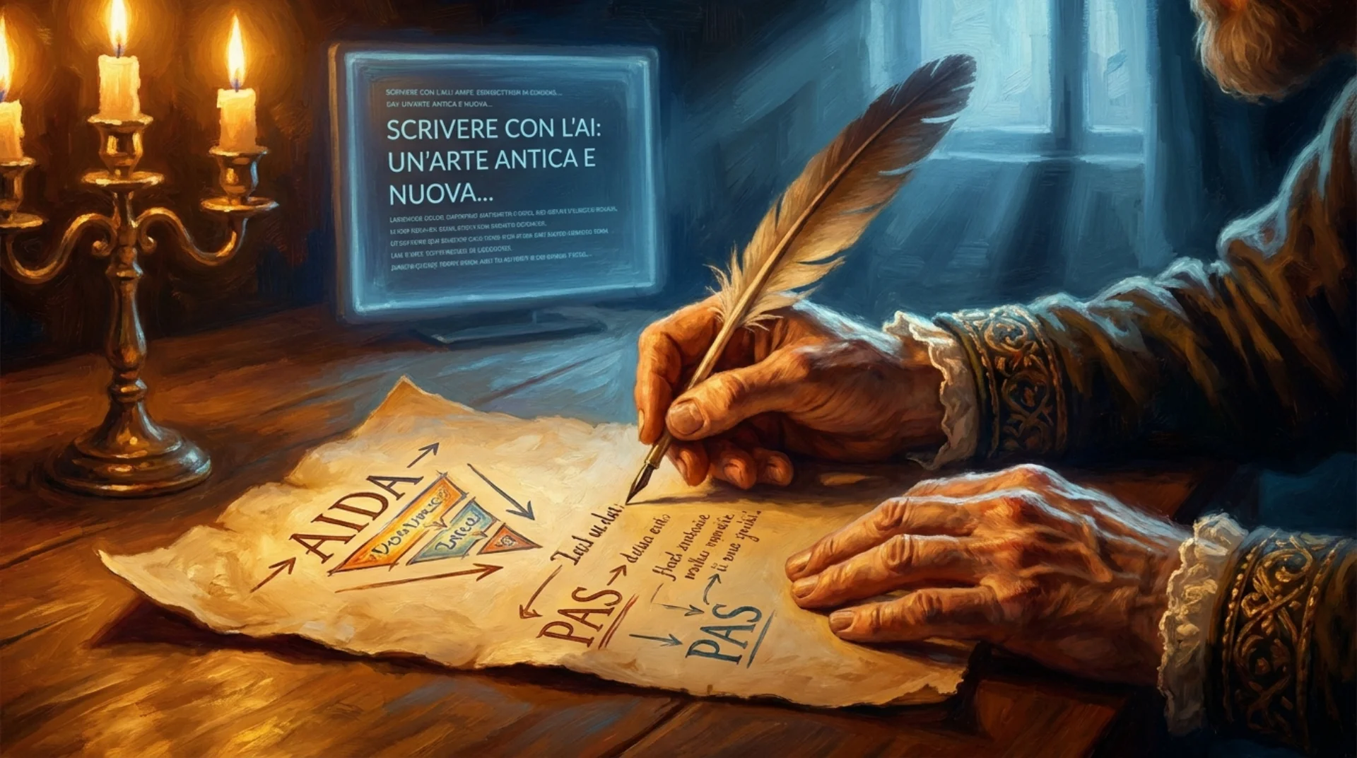 Affresco rinascimentale di mani che scrivono su pergamena con formule di copywriting mentre uno schermo AI brilla sullo sfondo