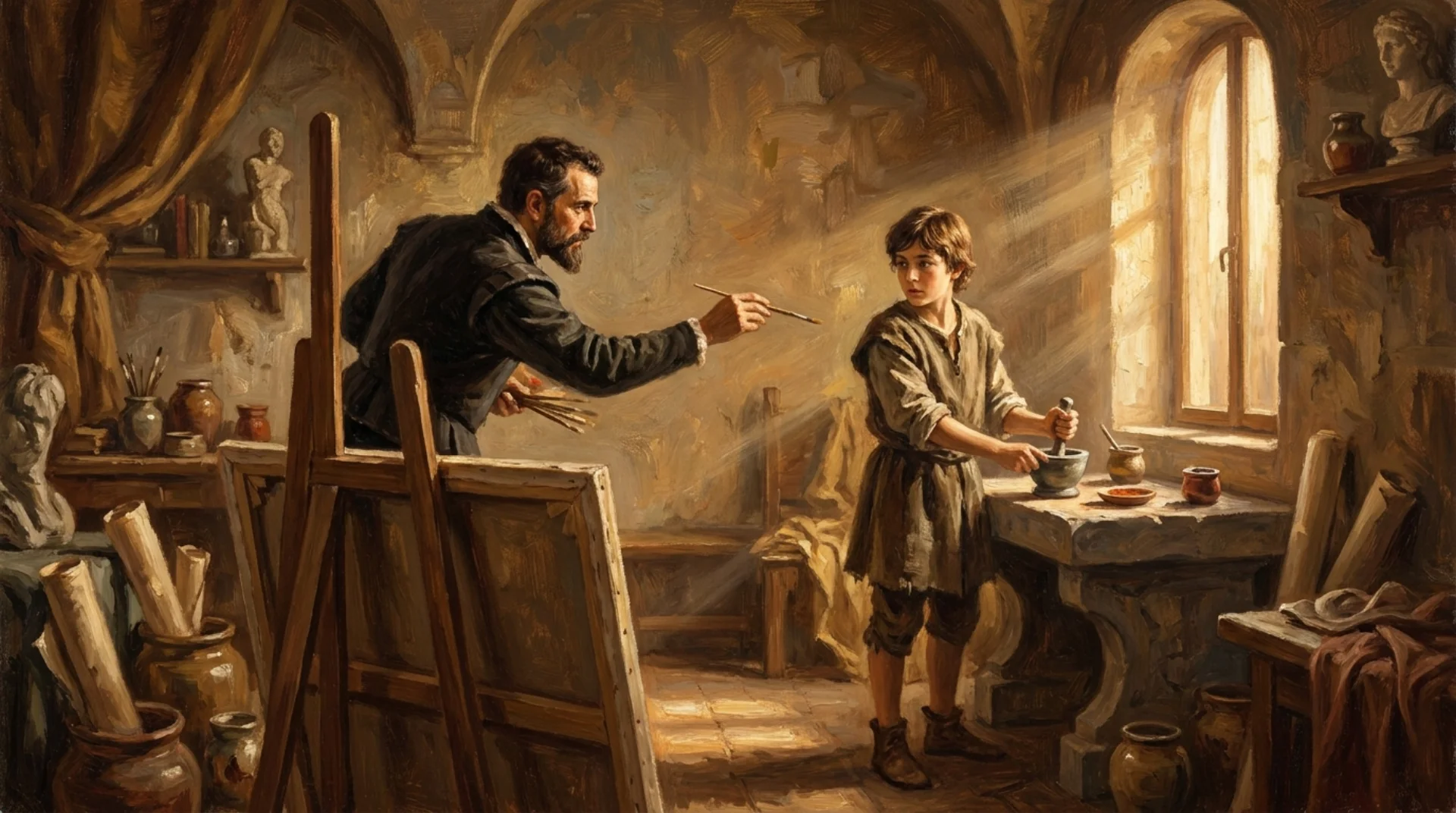 Affresco rinascimentale di un maestro pittore al lavoro nella sua bottega con un apprendista accanto che prepara pigmenti e pennelli: l'AI come apprendista che esegue, il maestro che dirige