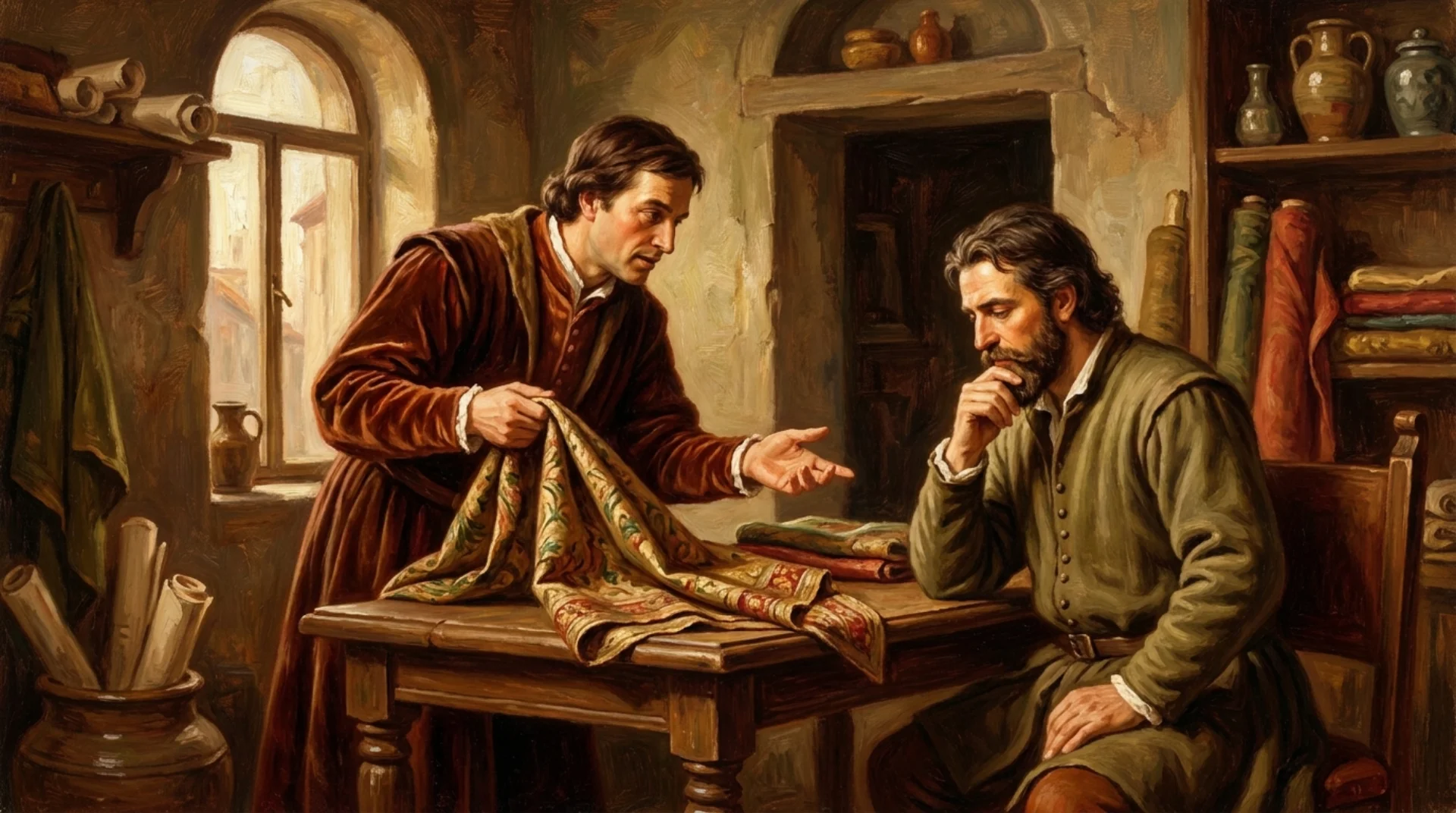 Affresco rinascimentale di un mercante in trattativa persuasiva con un cliente, gesto eloquente che illustra il valore della merce sul tavolo