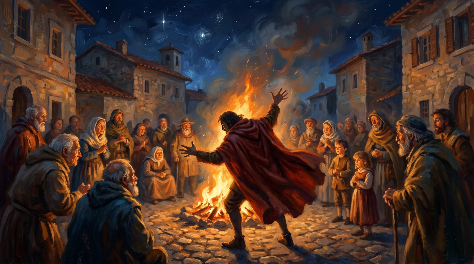 Affresco rinascimentale di un cantastorie medievale che racconta a una folla intorno al fuoco