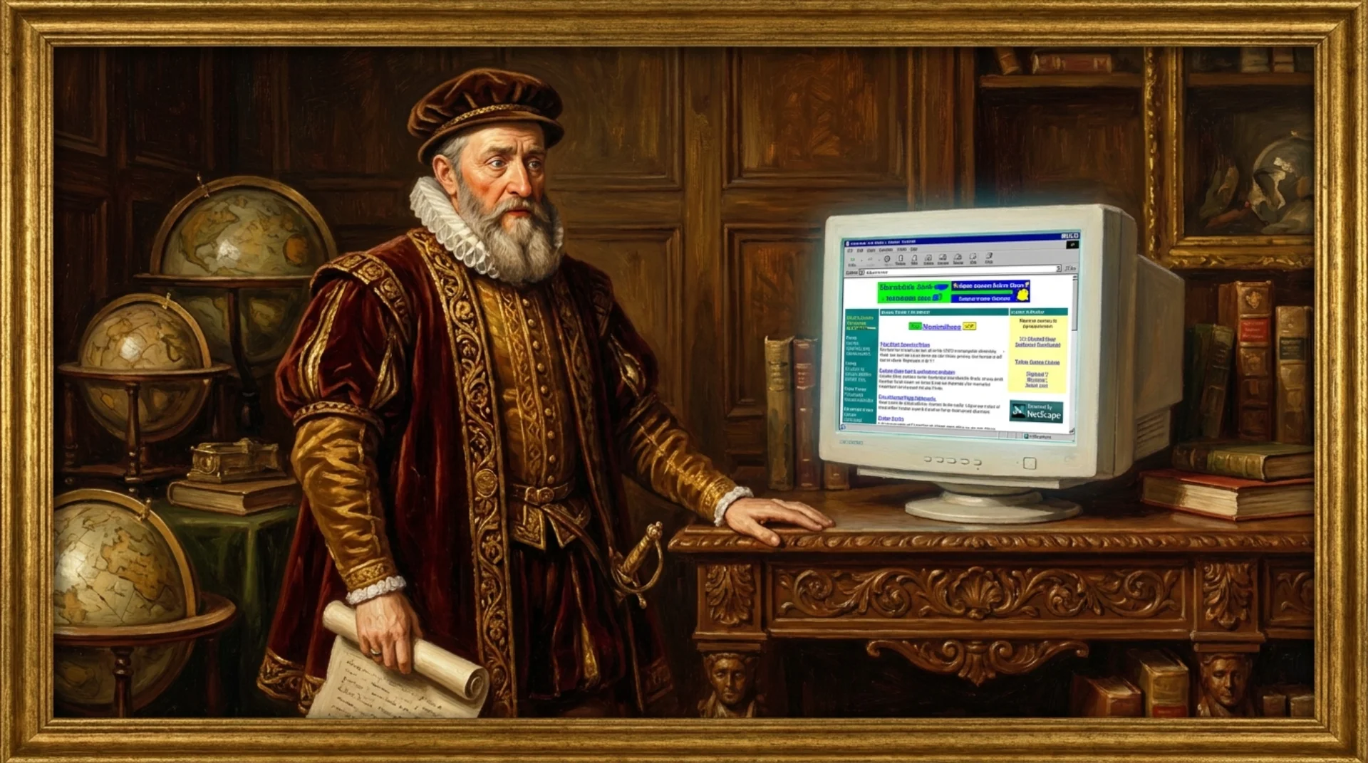 Affresco rinascimentale di un guru elegante imbarazzato davanti al proprio blog anni 2000 pieno di banner