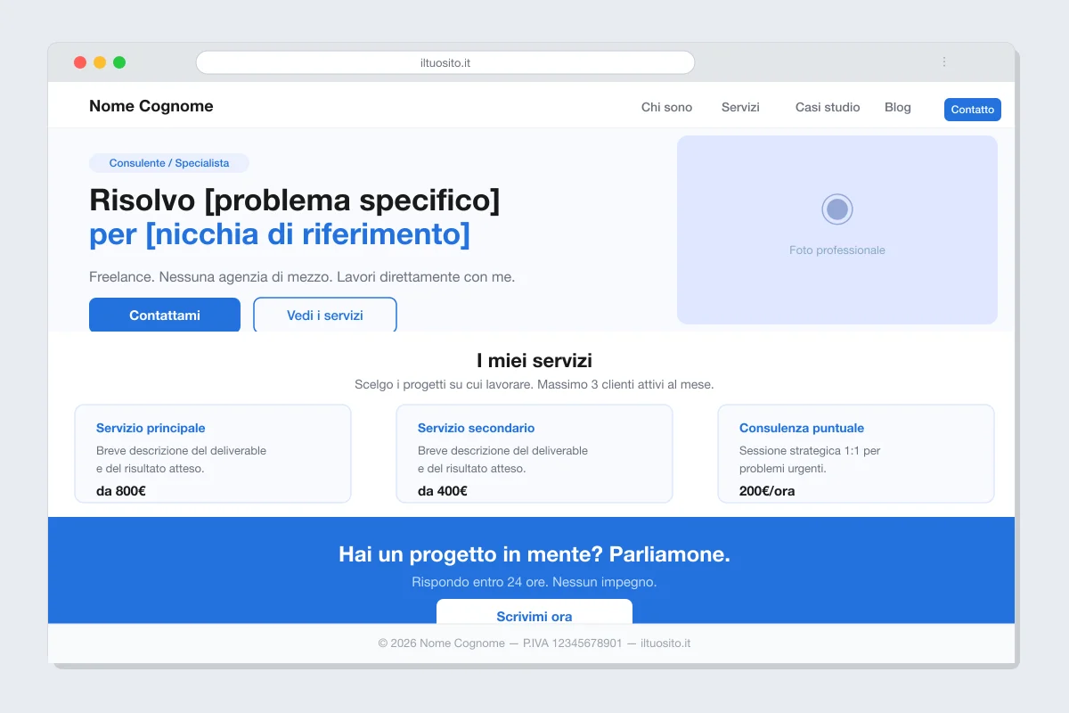 Vetrina il sito come quartier generale: bio, servizio, CTA. Semplice ma efficace