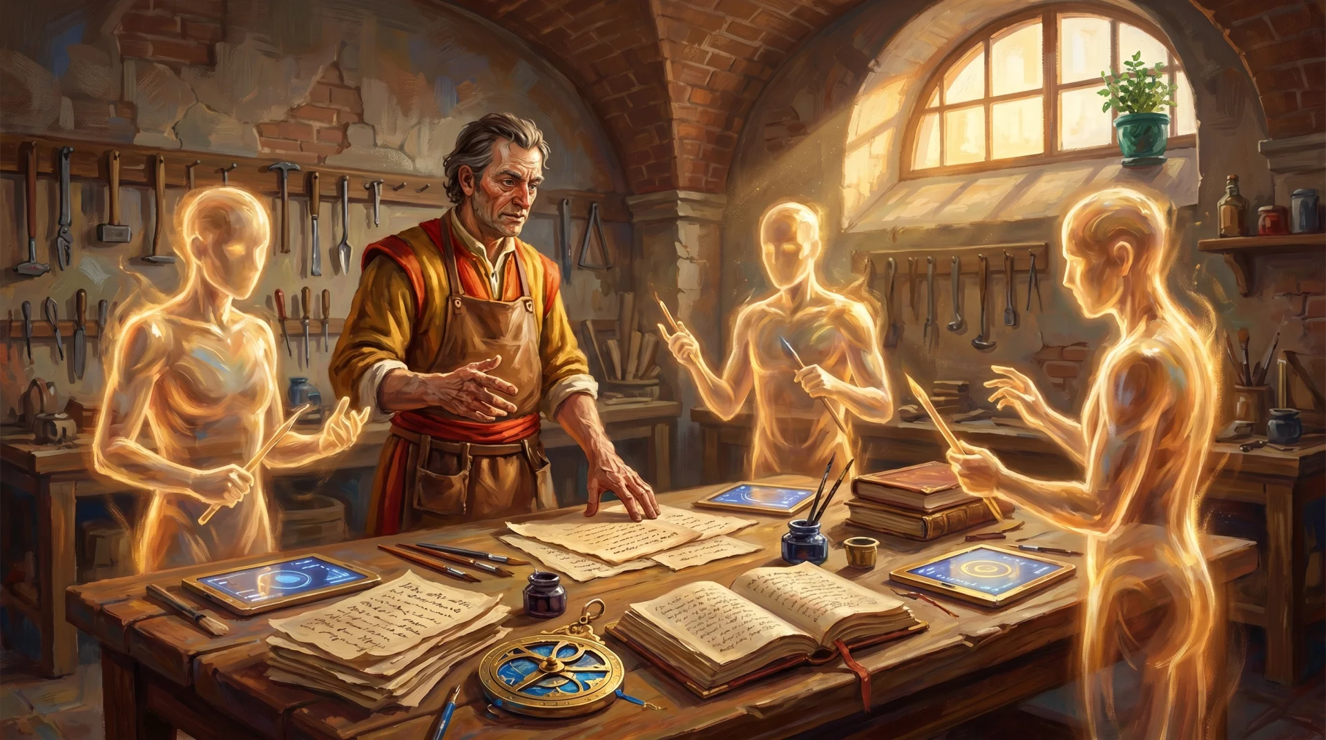 Affresco painterly: bottega rinascimentale con maestro umano che dirige tre apprendisti AI luminosi (la collaborazione uomo-AI)