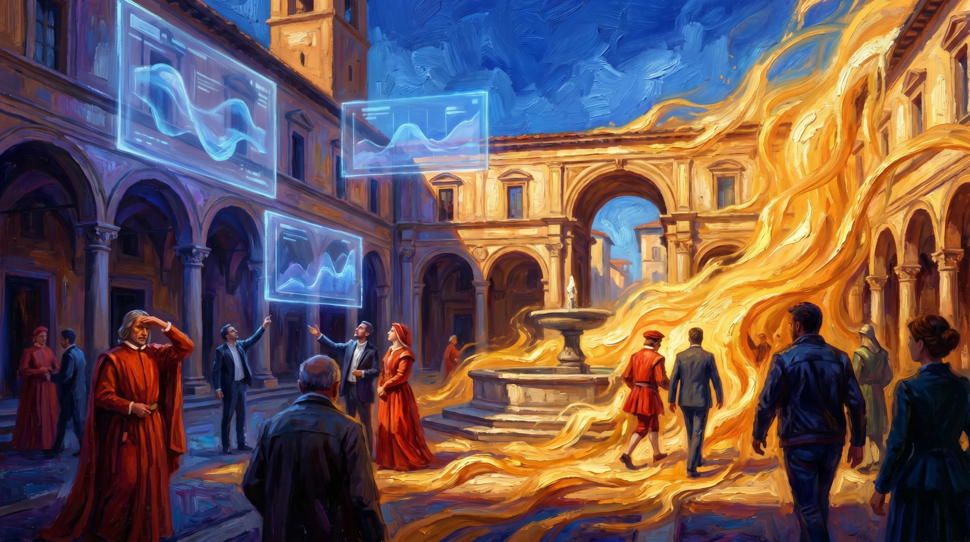 Affresco painterly: piazza italiana attraversata da una marea di luce dorata da destra (le AI), figuranti che si muovono in direzioni diverse