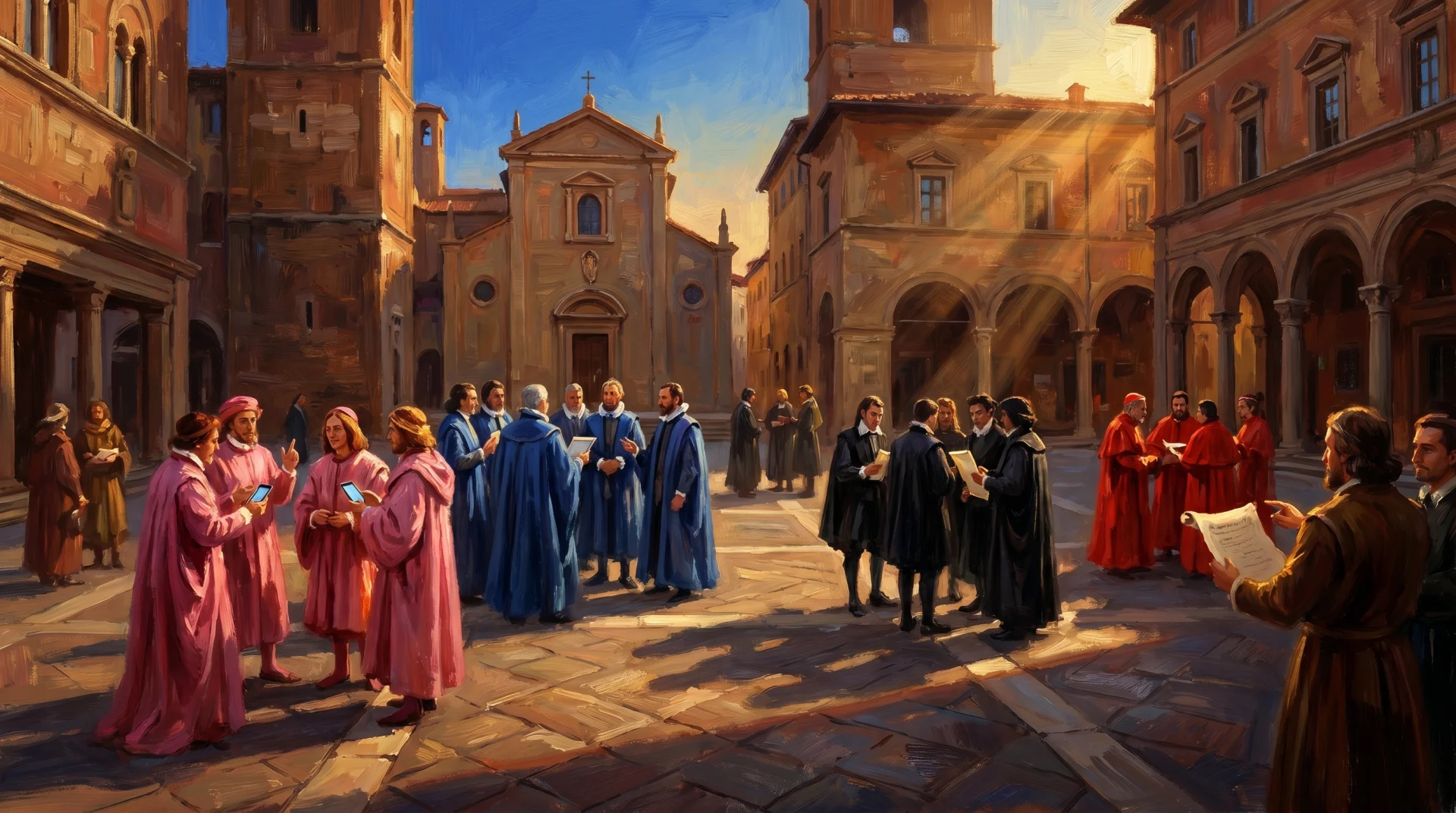 Affresco di una piazza italiana popolata da diverse fazioni, ognuna con un colore (Instagram, LinkedIn, TikTok, YouTube)