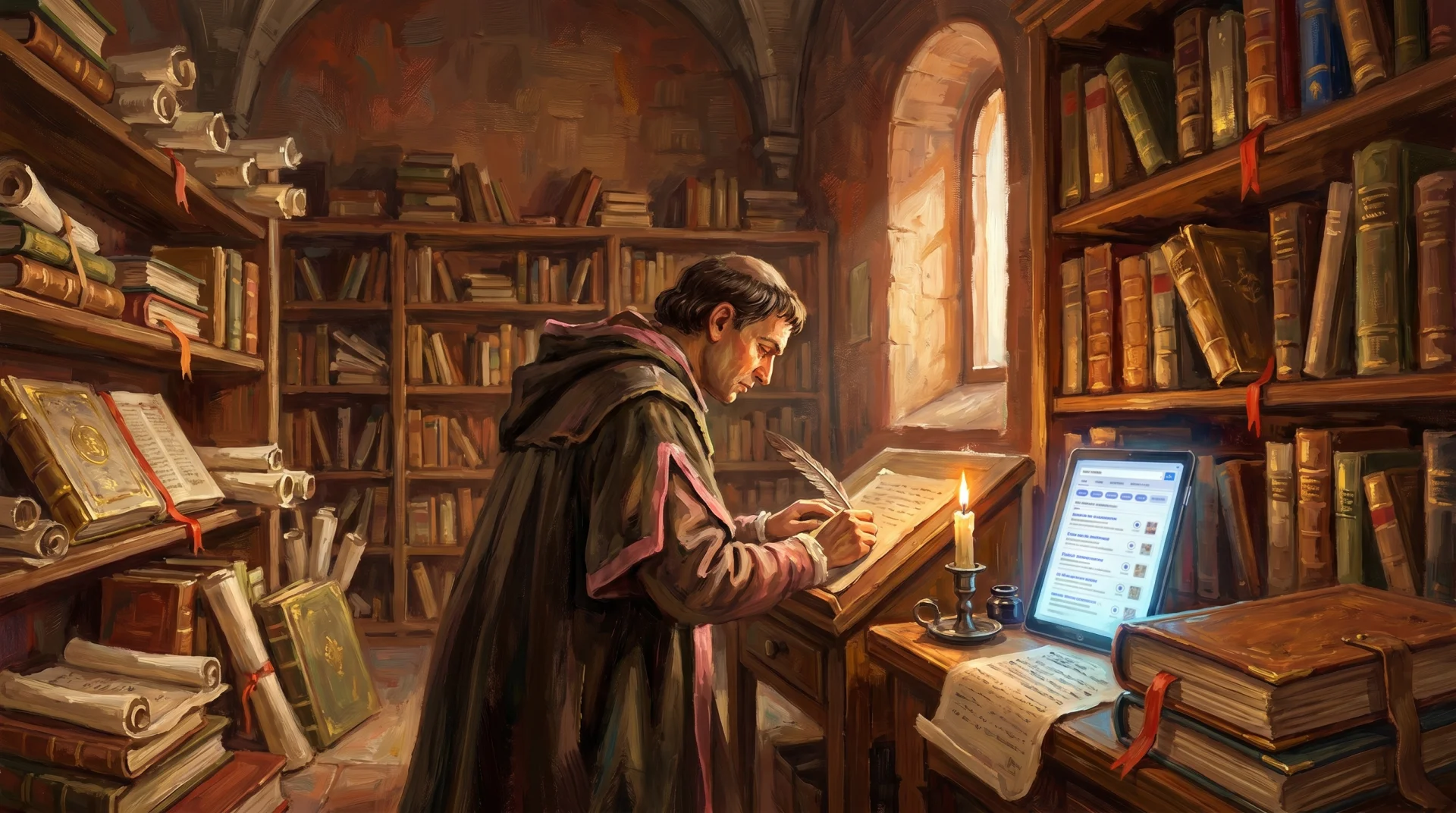 Affresco painterly: scriba rinascimentale che indicizza pergamene su grandi scaffali (la SEO come archiviazione organica)