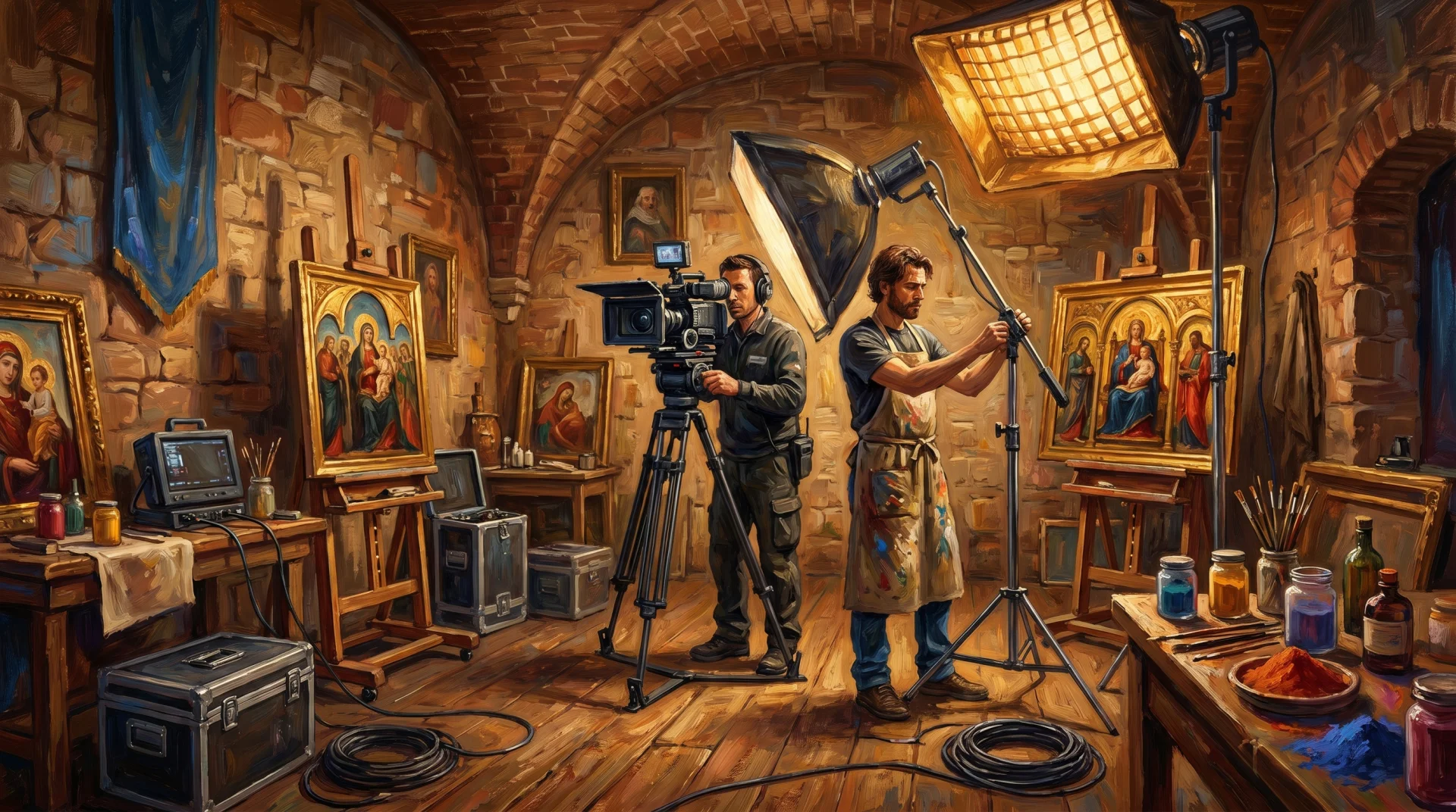 Affresco painterly: studio video moderno con telecamere e luci, atmosfera rinascimentale
