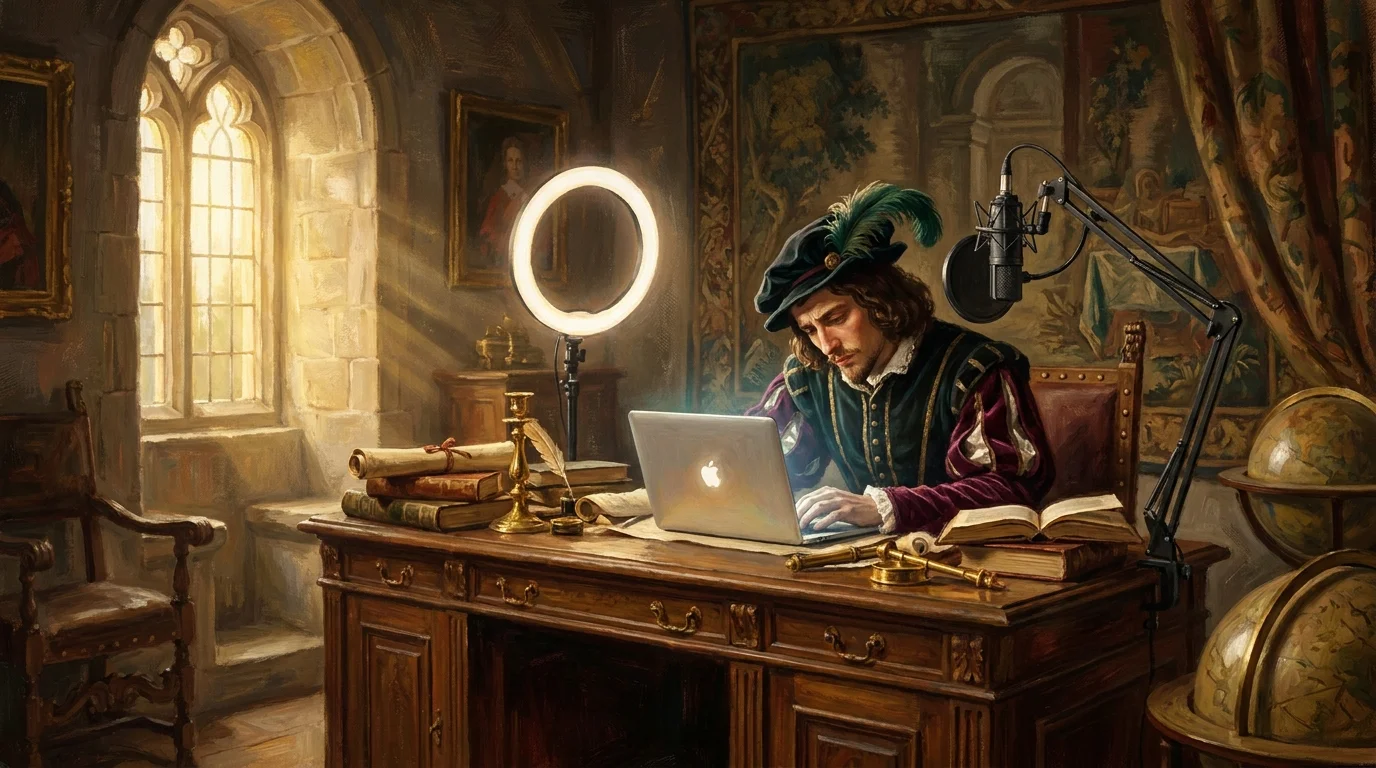 Affresco rinascimentale di uno studio creator con scrivania barocca, laptop e ring light golden hour