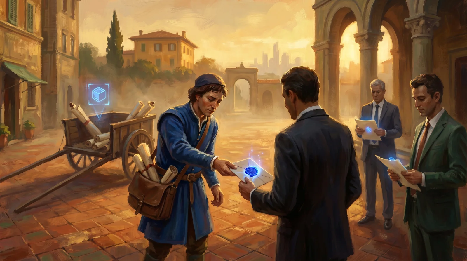 Piazza toscana al golden hour: scribe-postman rinascimentale in tunica blu cobalto consegna lettera con sigillo olografico cobalto a un destinatario moderno in giacca, altri figuranti in attesa con lettere già ricevute, carrello di pergamene e skyline futurista in fondo