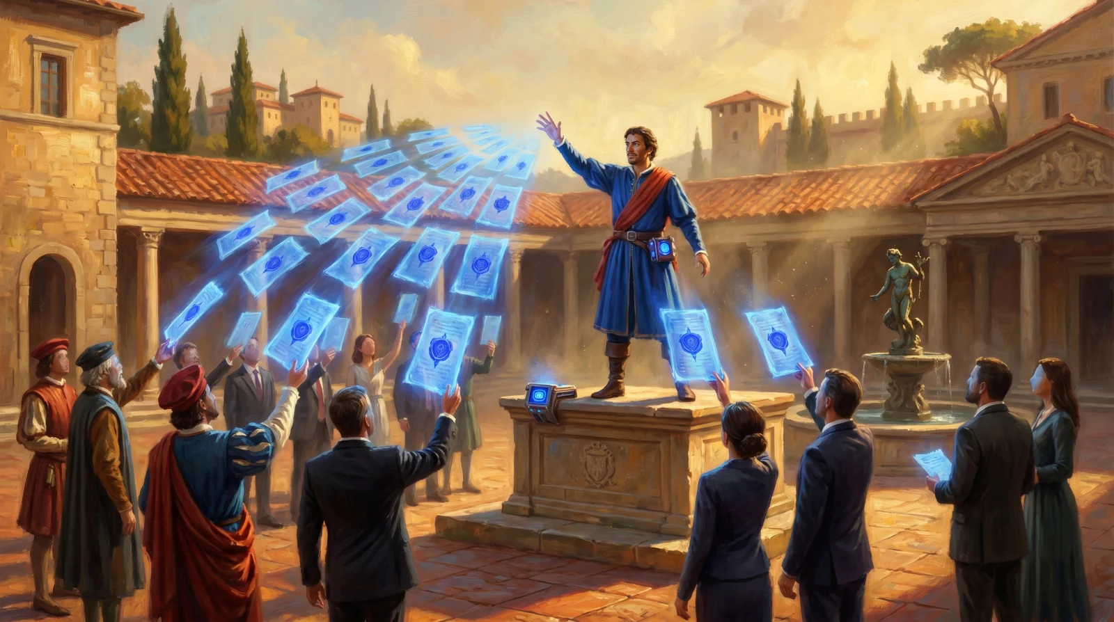 Piazza toscana al golden hour: un banditore rinascimentale in tunica blu cobalto su piattaforma di pietra dispensa simultaneamente decine di pergamene olografiche identiche a una folla mista (figuranti rinascimentali e moderni in giacca), il momento del broadcast 1-a-molti made visible